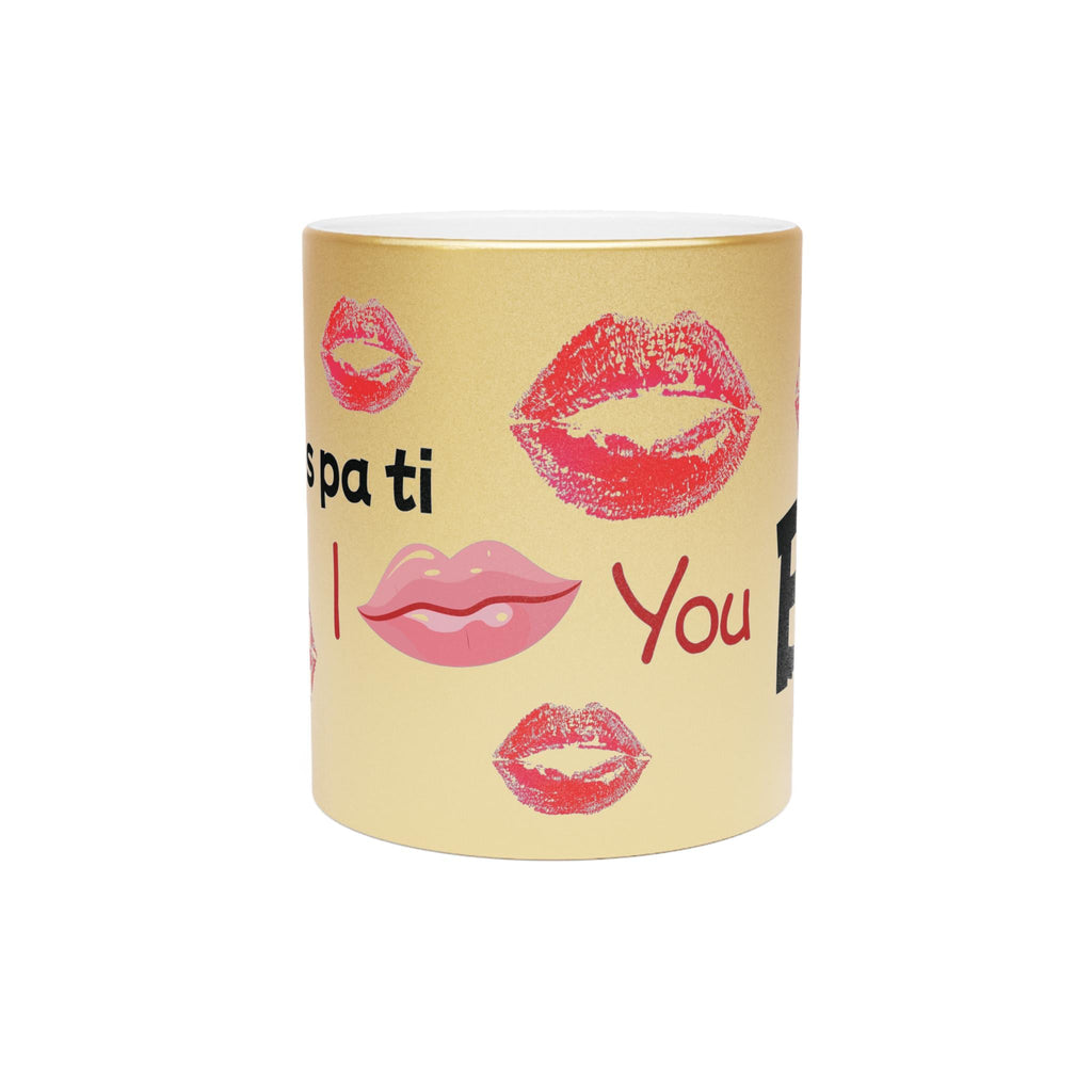 Taza Metálica Chic con Estampado de Beso - Regalo Glam para Mujer, Metallic Mug Kiss Print, Taza Estética de Maquillaje