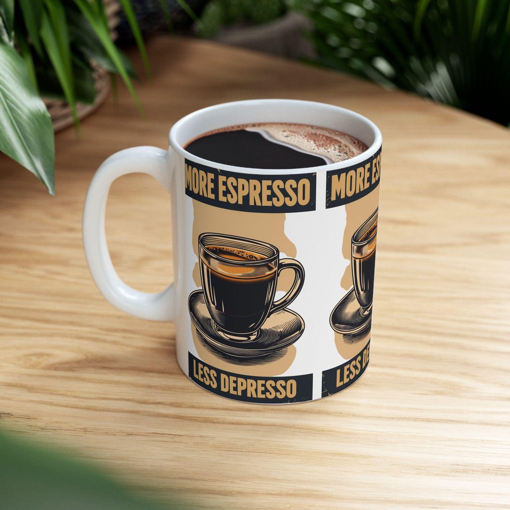 Taza More Espresso Less Depresso - Regalo Divertido para Amantes del Café, Mug de Cerámica Sarcástica, Regalo de Salud Mental