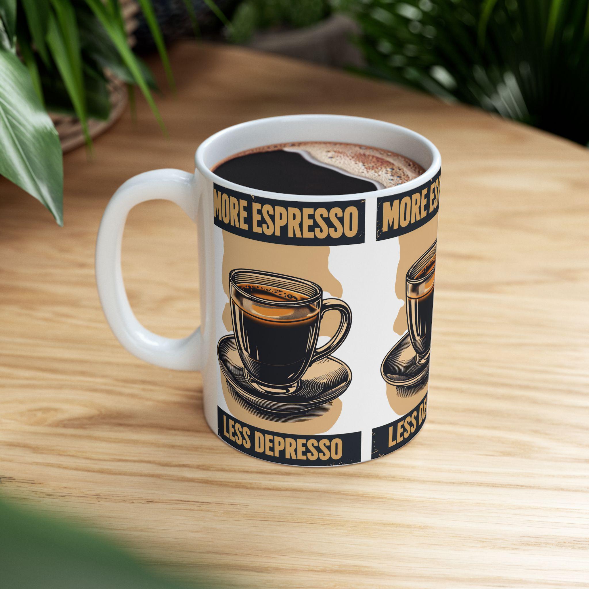 Taza More Espresso Less Depresso - Regalo Divertido para Amantes del Café, Mug de Cerámica Sarcástica, Regalo de Salud Mental