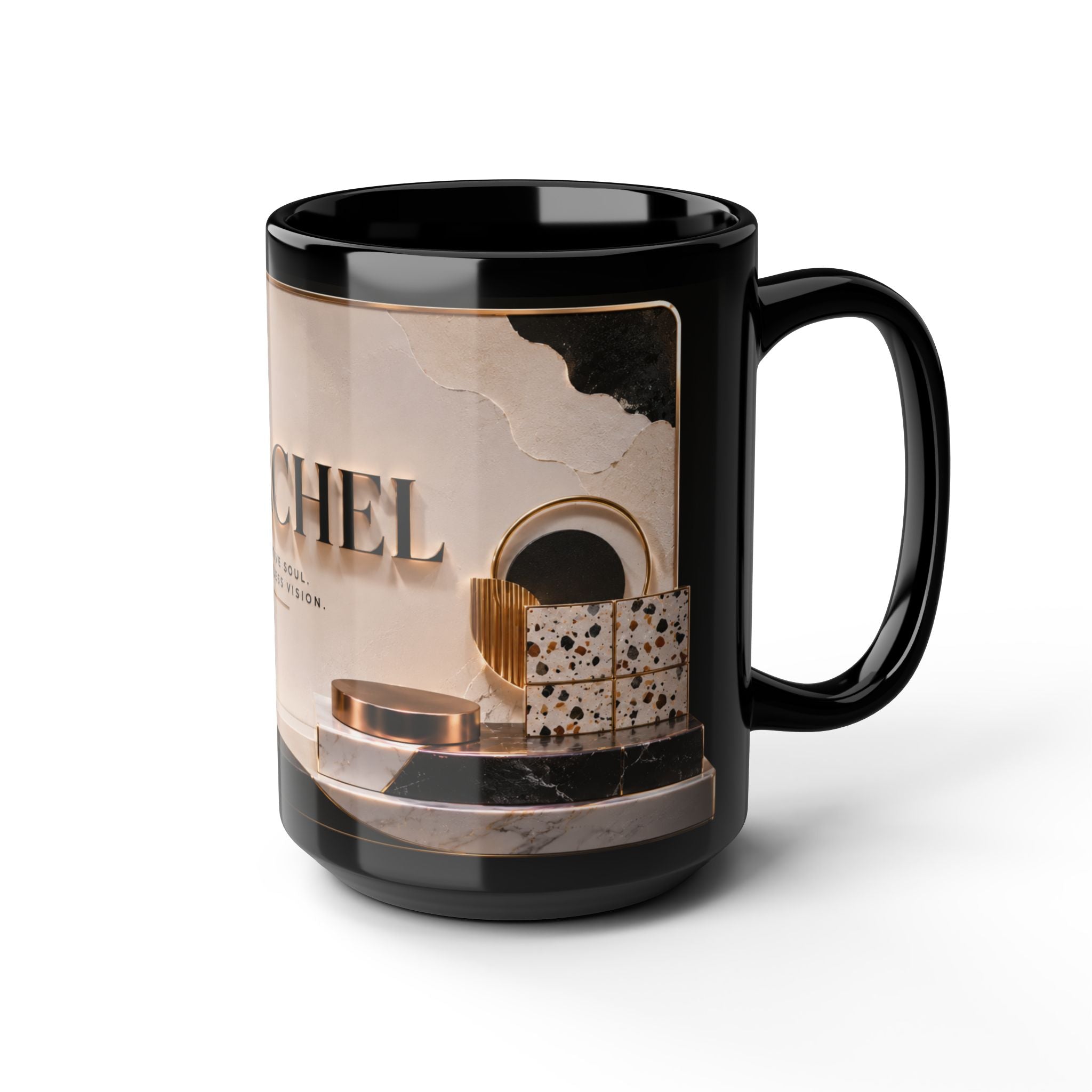 Personalized Black 15oz Mug — 'Rachel' Gold Monogram, Elegant Office Gift