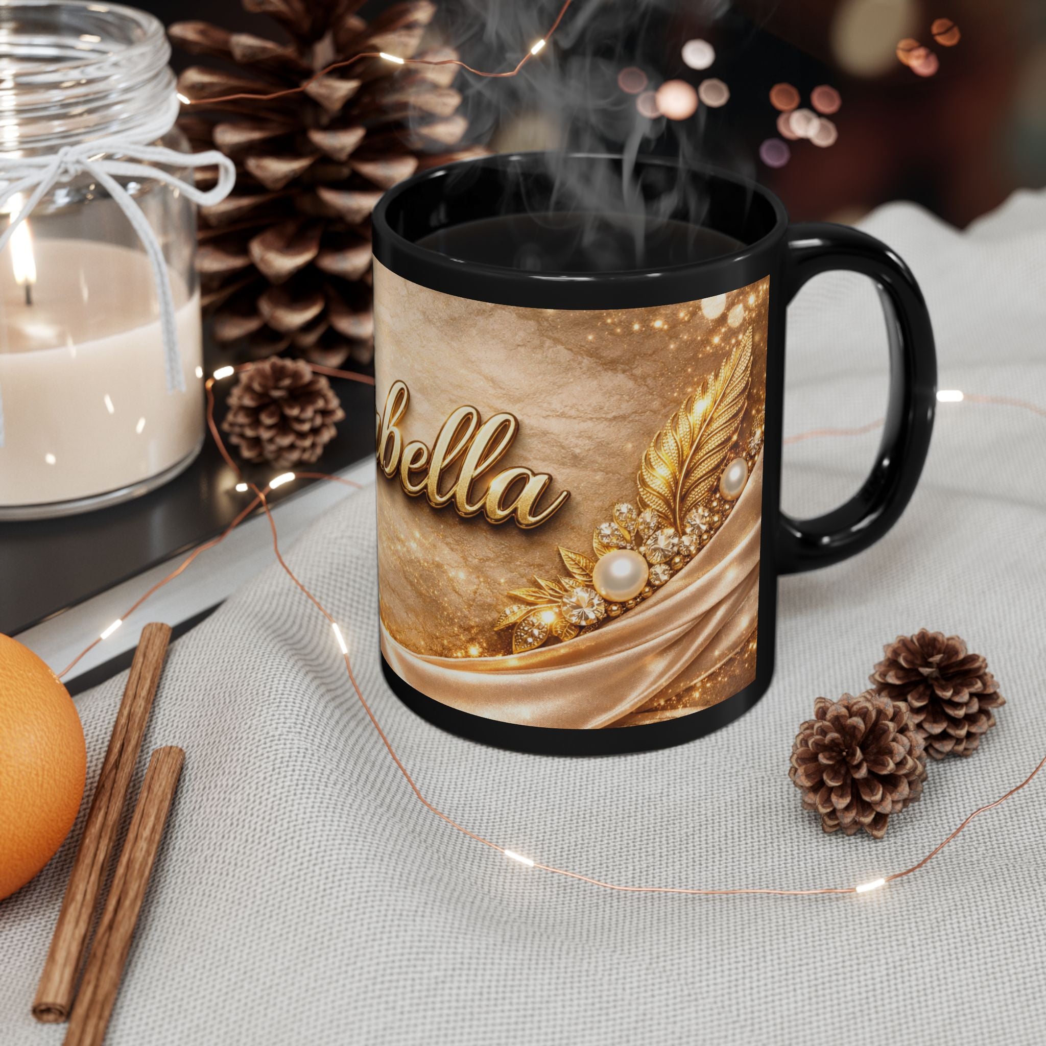 Personalized Gold Name Mug — "Isabella" Elegant Black Ceramic Coffee Cup