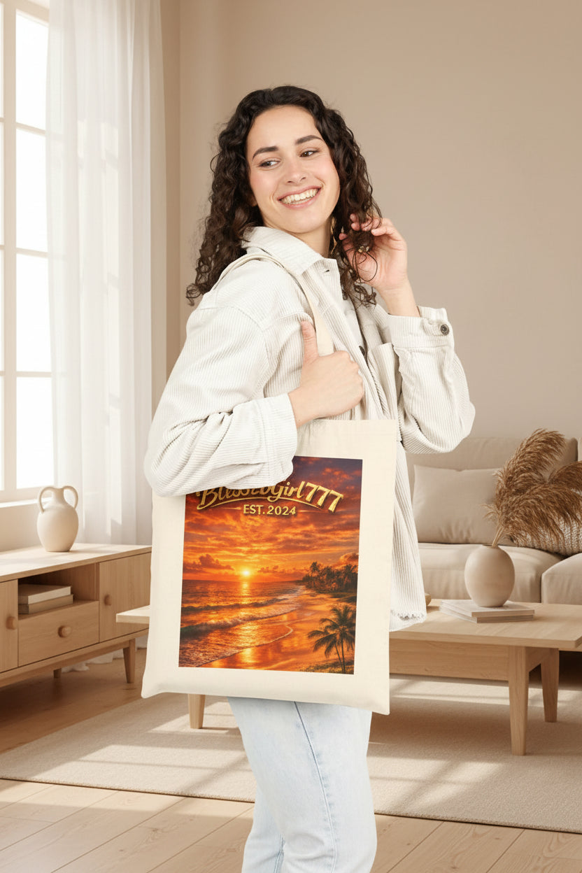 Sunset Beach Tote - "BLESSEDGirl777 EST.2024" Cotton Canvas Bag