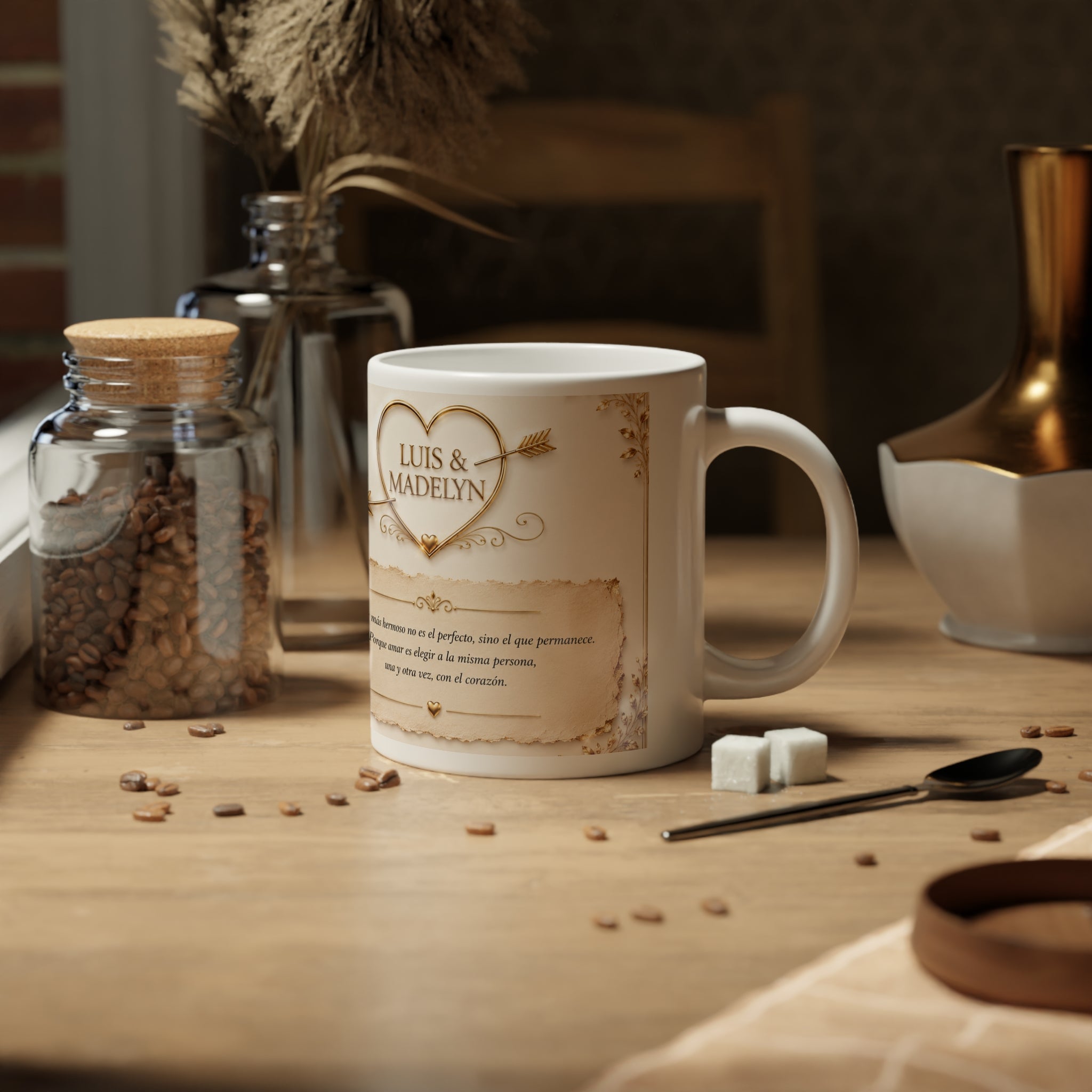 Personalized Vintage Photo 20oz Mug — Custom Names & Spanish Love Poem