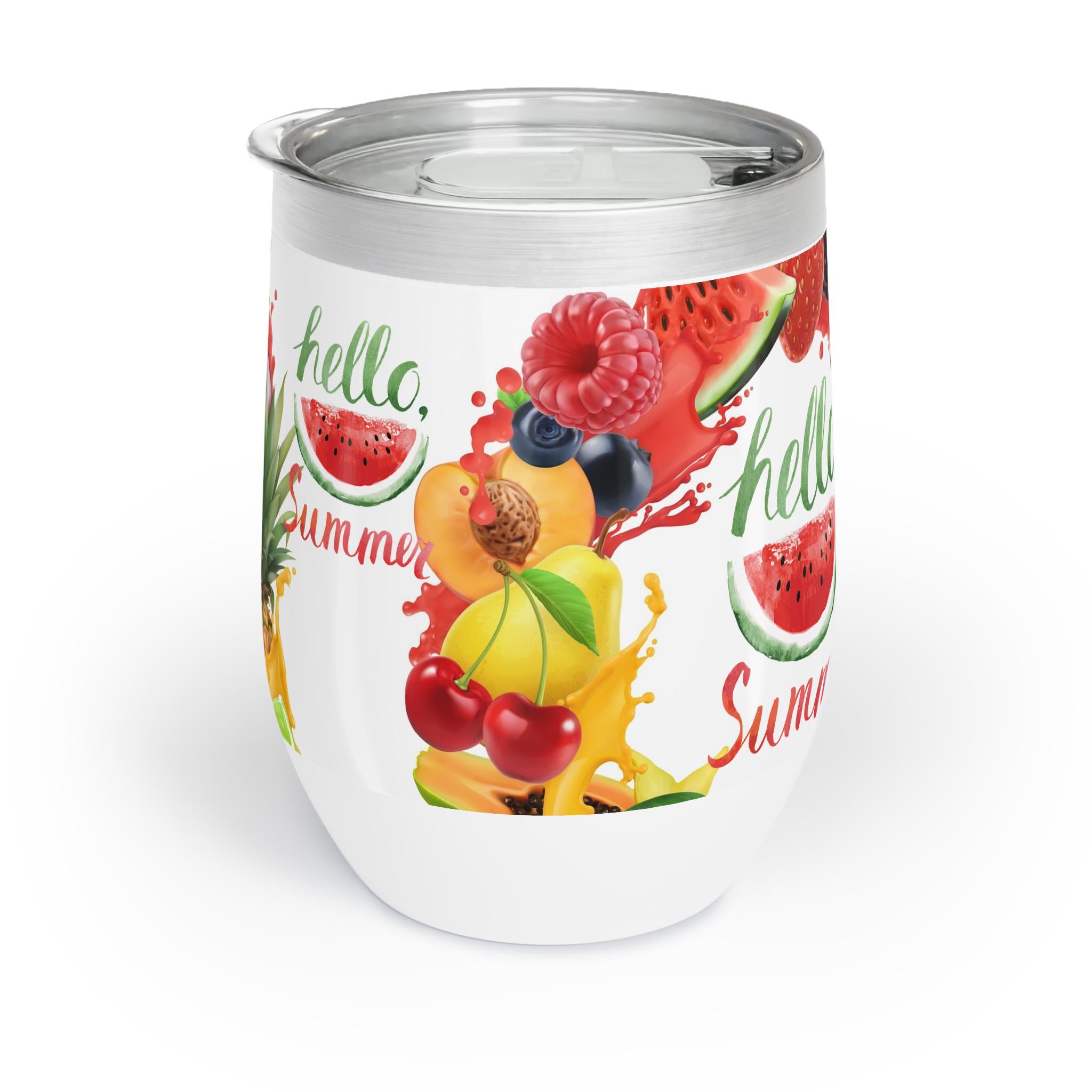 Vaso Térmico para Vino Hello Summer - Copa de Acero Inoxidable con Tapa, Regalo de Verano para Mujer, Wine Tumbler para Playa y Piscina