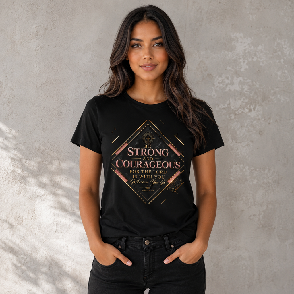 Be Strong and Courageous Christian T-Shirt — Inspirational Scripture Tee (Joshua 1:9)