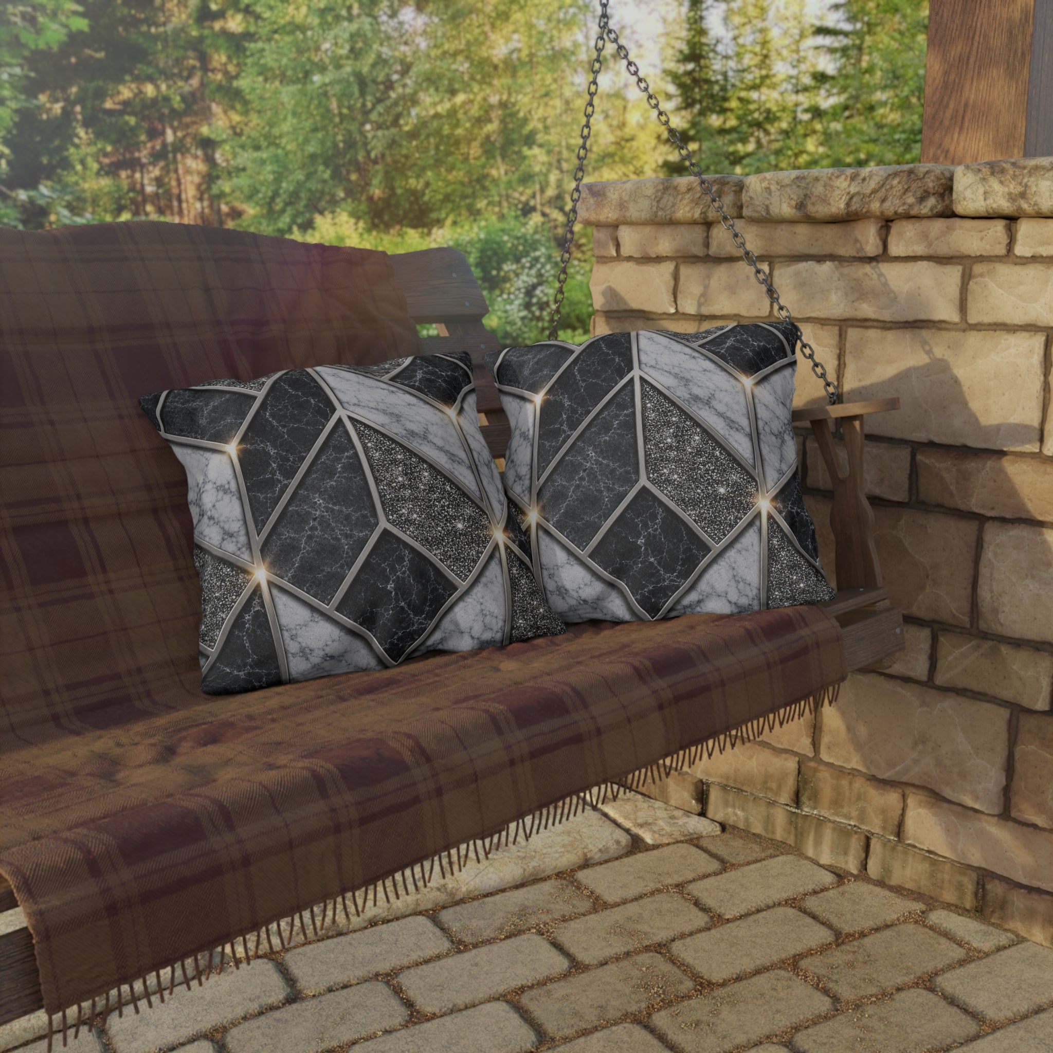 Geometric Marble Outdoor Pillow — Gray Stone Mosaic Accent Cushion