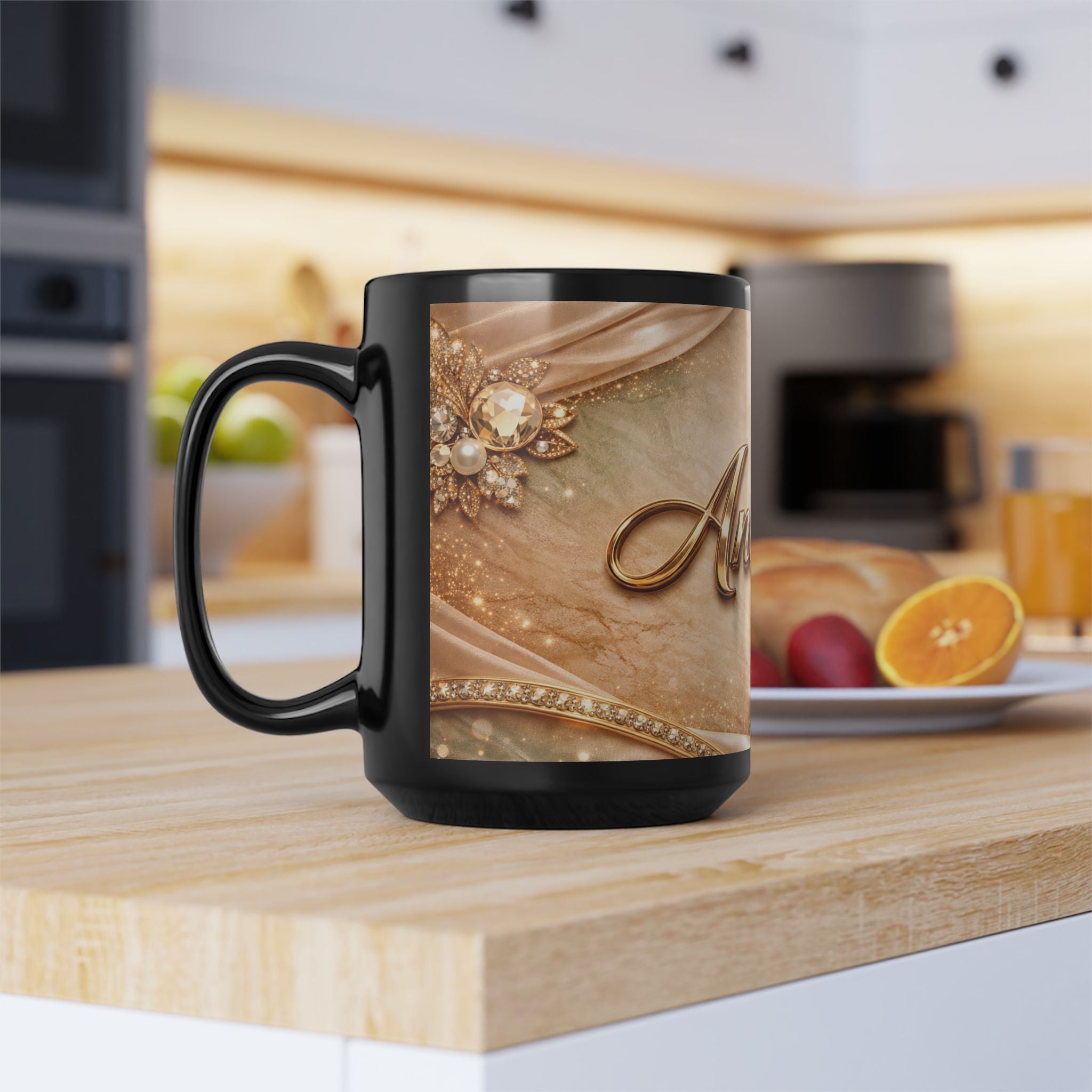 Personalized Gold Name Mug — Elegant Andrea Black Ceramic Coffee Cup (11oz & 15oz)