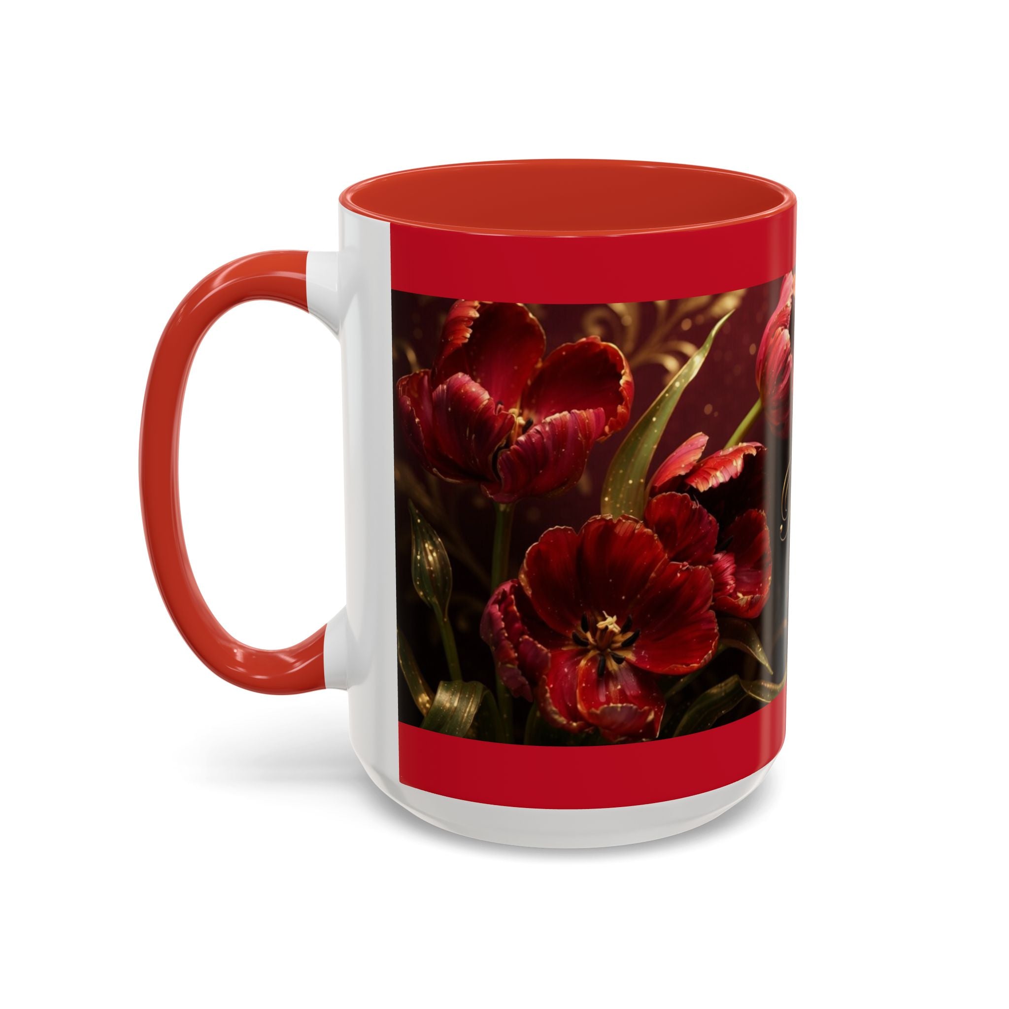 Red Tulip Floral Accent Coffee Mug | Personalized Name Script