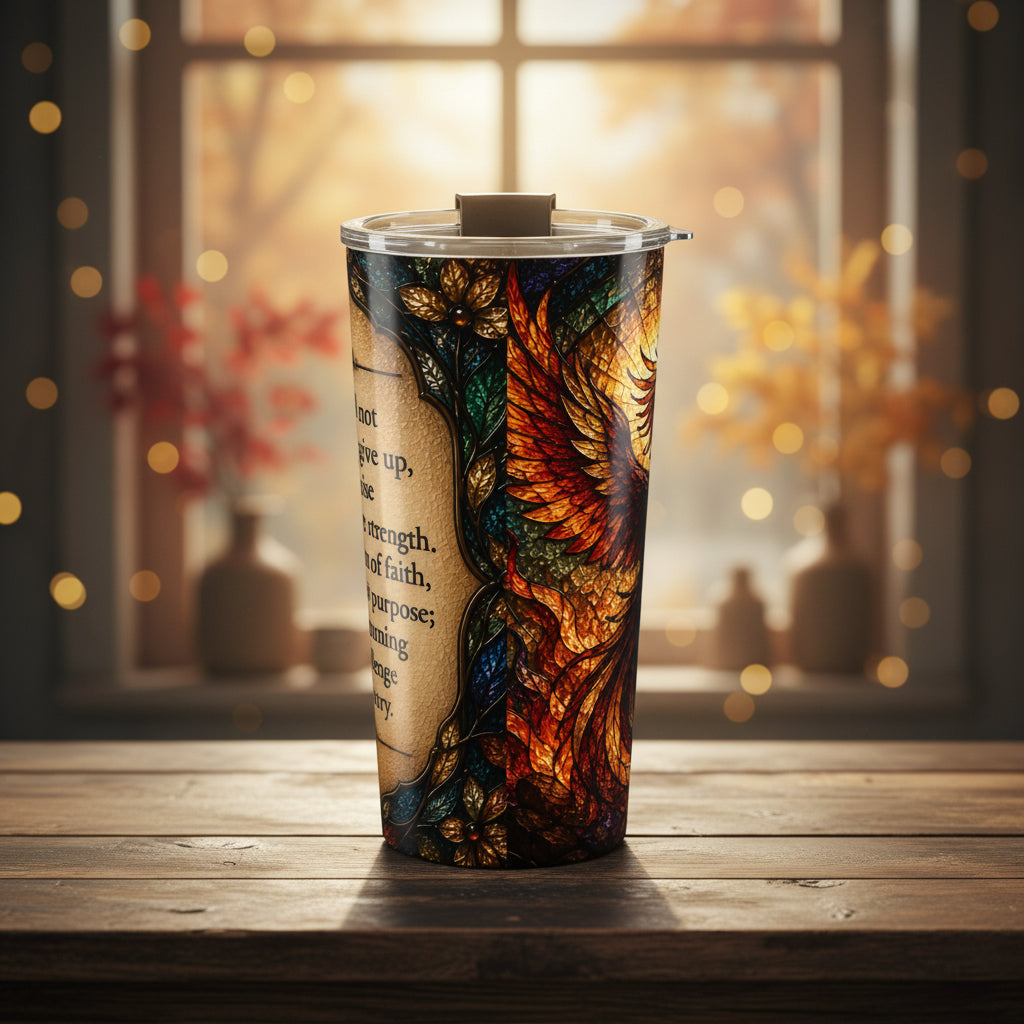 Rising Phoenix Faith Tumbler — 20oz Stained Glass Scripture for Overcomers 🔥