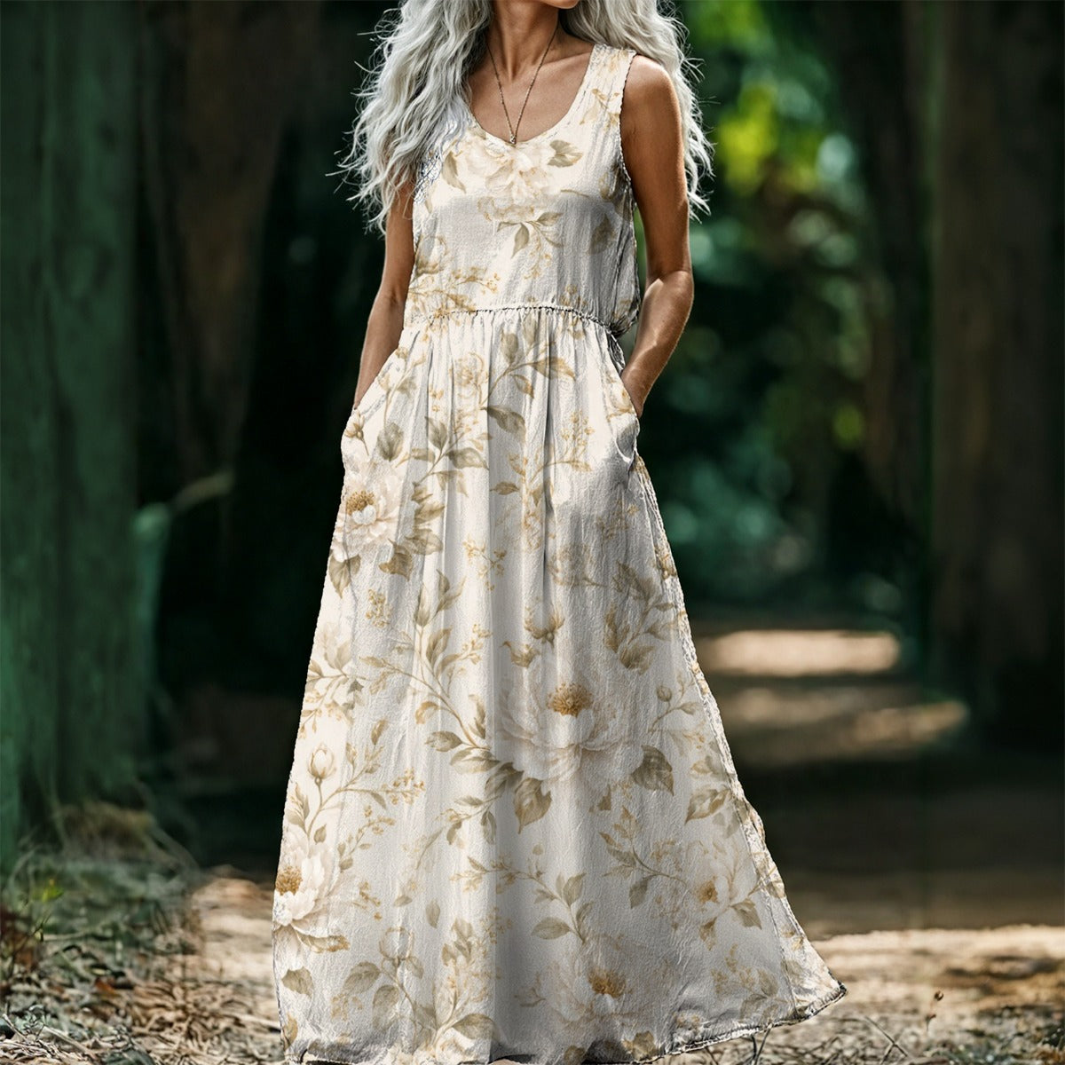 Woman wearing the cream Garden Rose floral sleeveless maxi dress