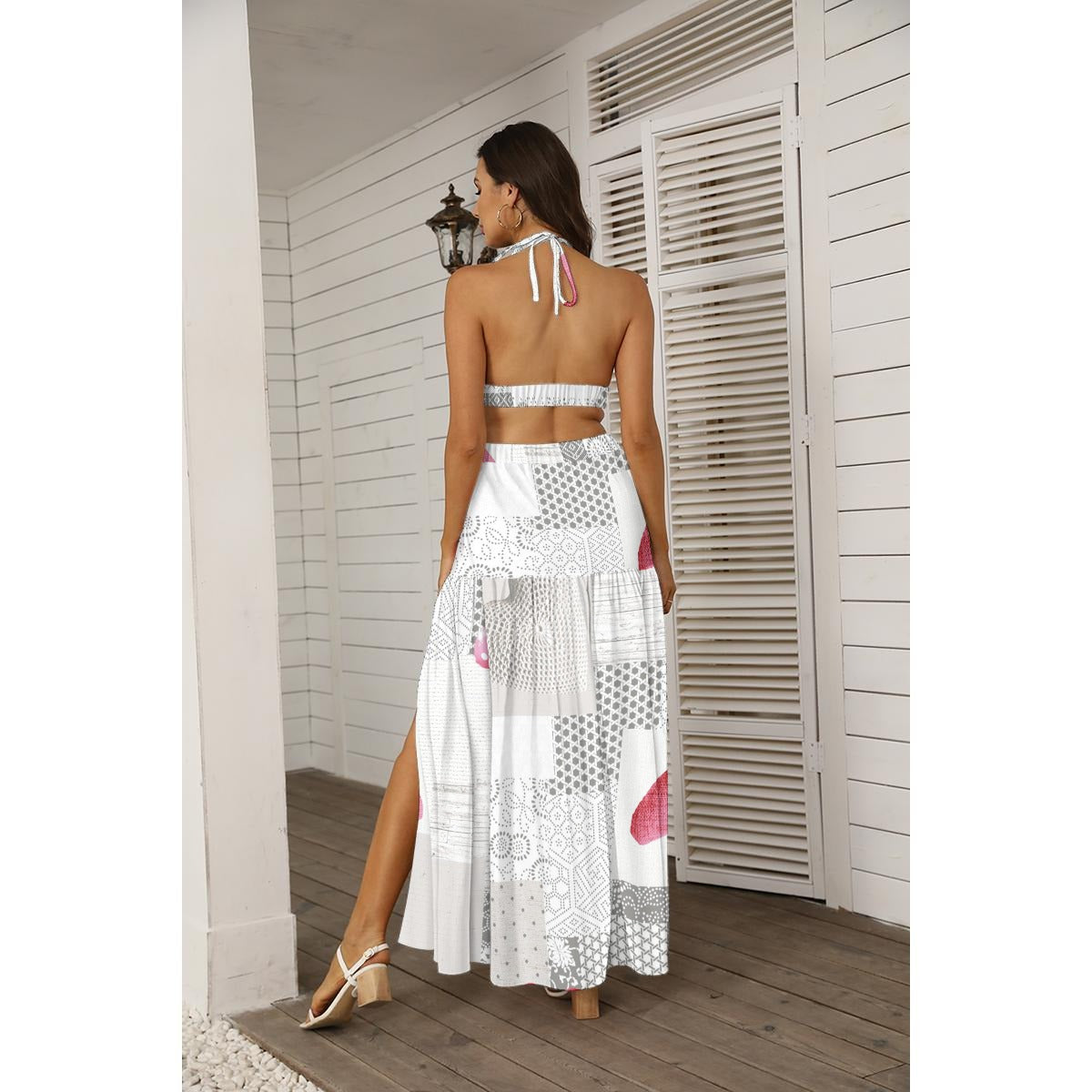 Women's All-Over Print Tie-Back Wrap Dress – Backless Two-Piece