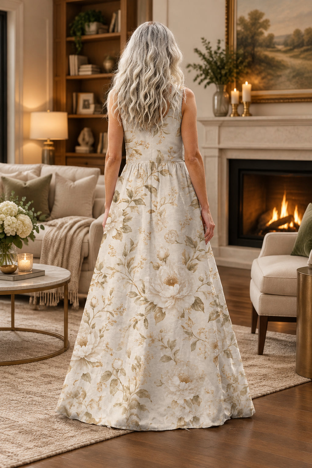  Close-up of the flowing skirt of the Garden Rose floral maxi dress with soft cream roses and sage leaves