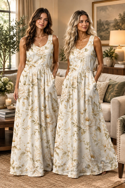 Garden Rose sleeveless maxi dress with cream and sage floral all-over print, women's sizes S-5XL