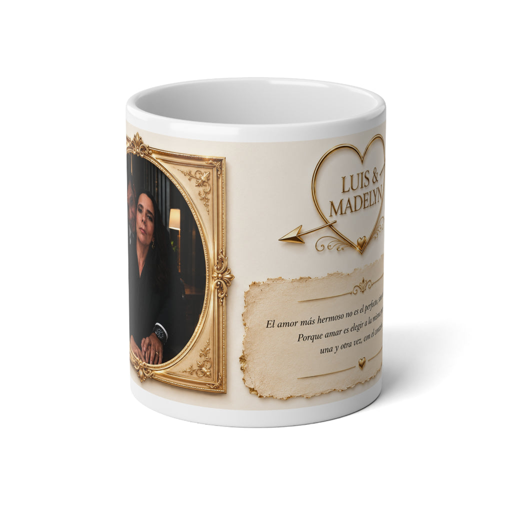 Personalized Vintage Photo 20oz Mug — Custom Names & Spanish Love Poem