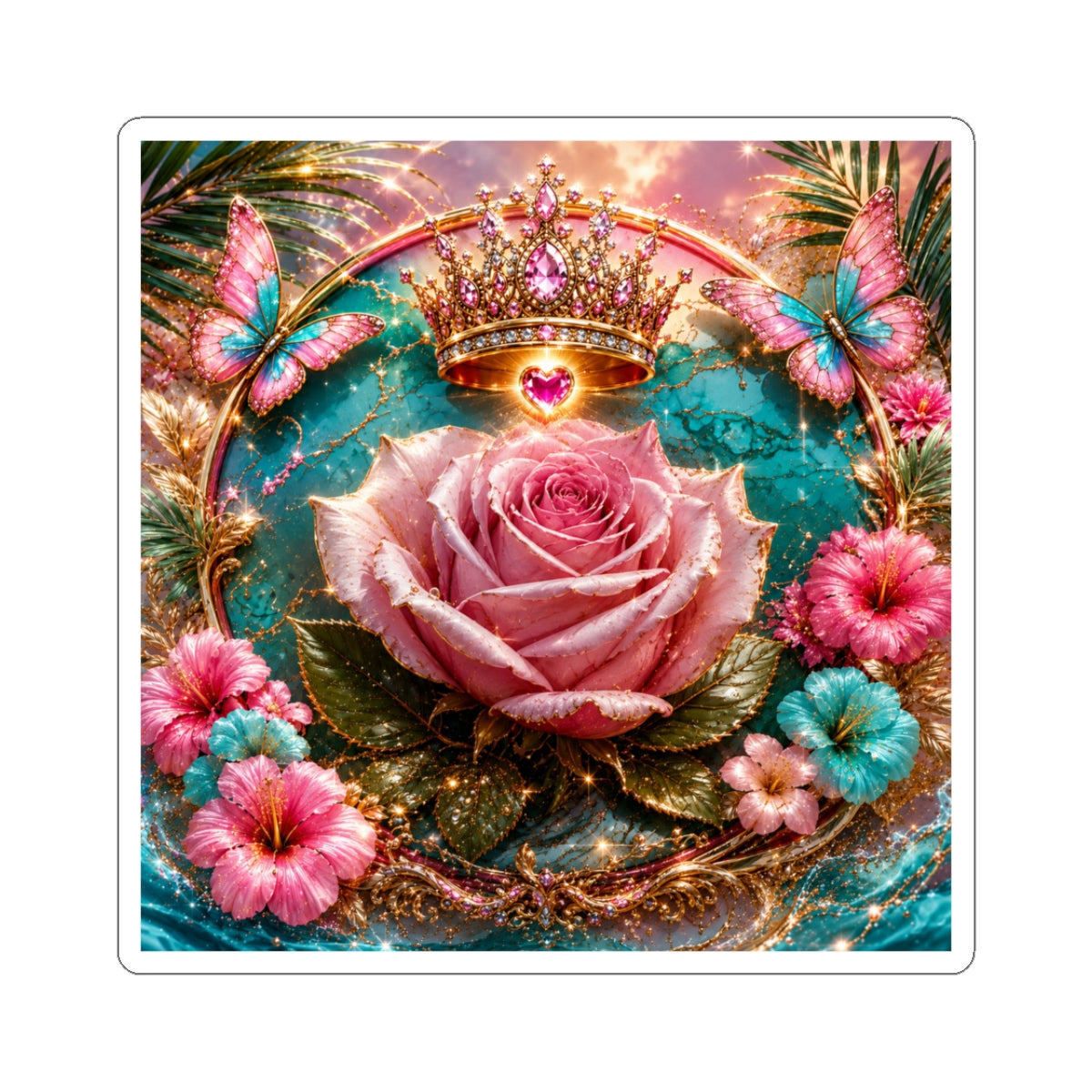 Royal Rose Kiss-Cut Sticker — Glitter Crown, Butterflies & Floral Vintage Decor