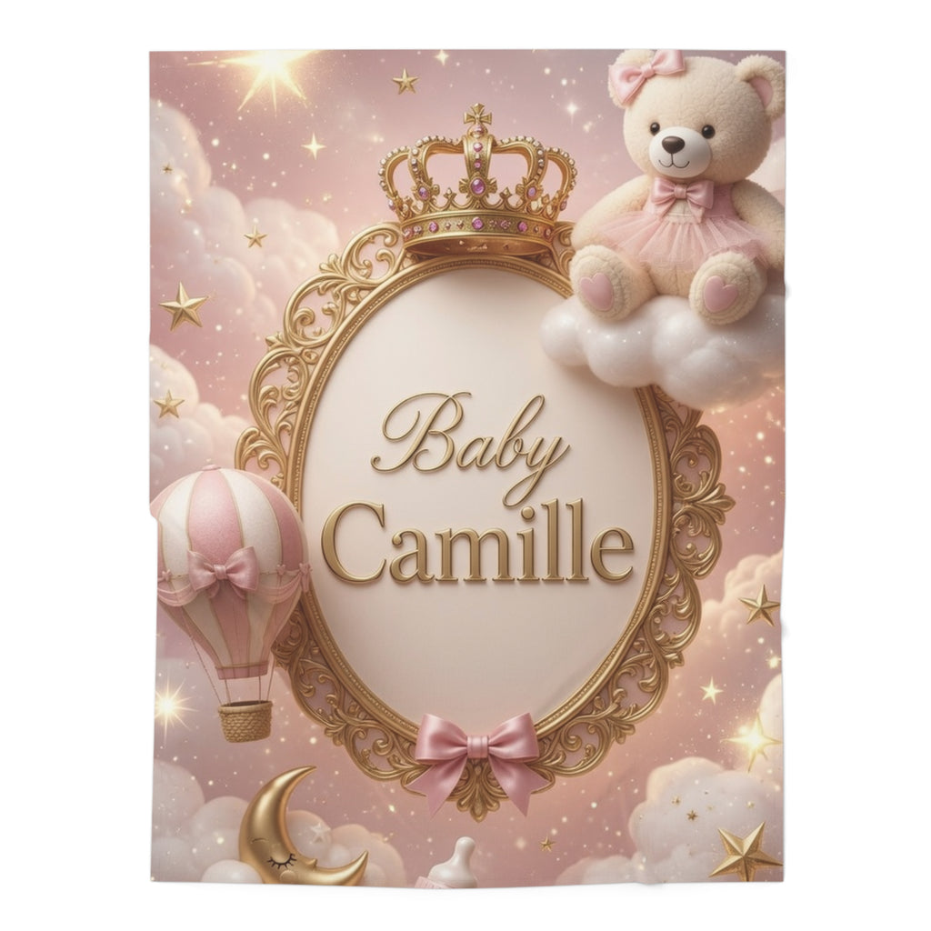 Personalized Pink Princess Baby Swaddle Blanket – "Baby Camille" Newborn Keepsake