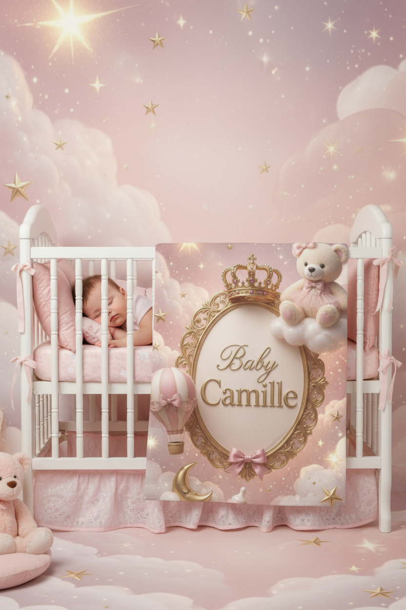 Personalized Pink Princess Baby Swaddle Blanket – "Baby Camille" Newborn Keepsake