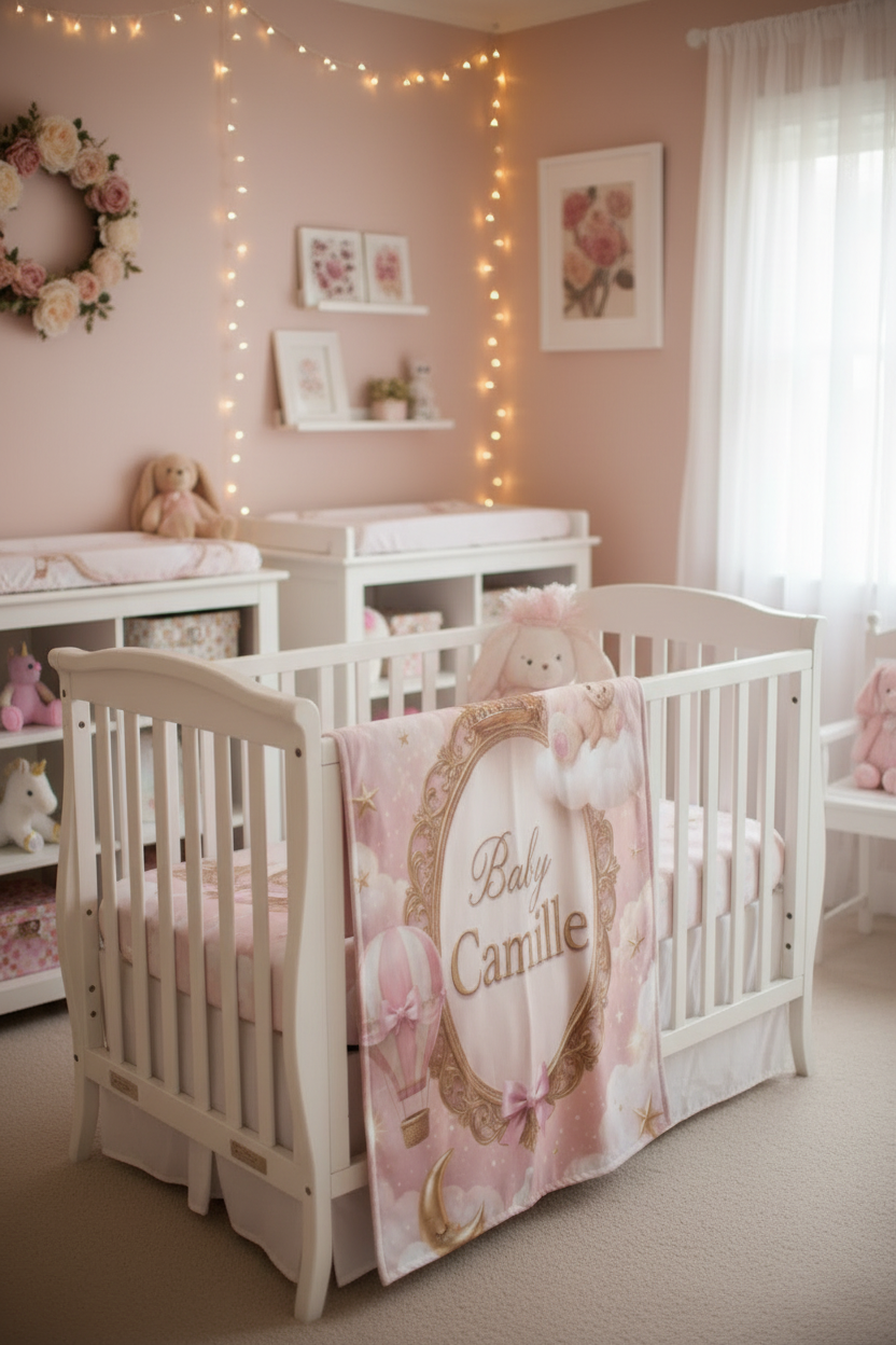 Personalized Pink Princess Baby Swaddle Blanket – "Baby Camille" Newborn Keepsake