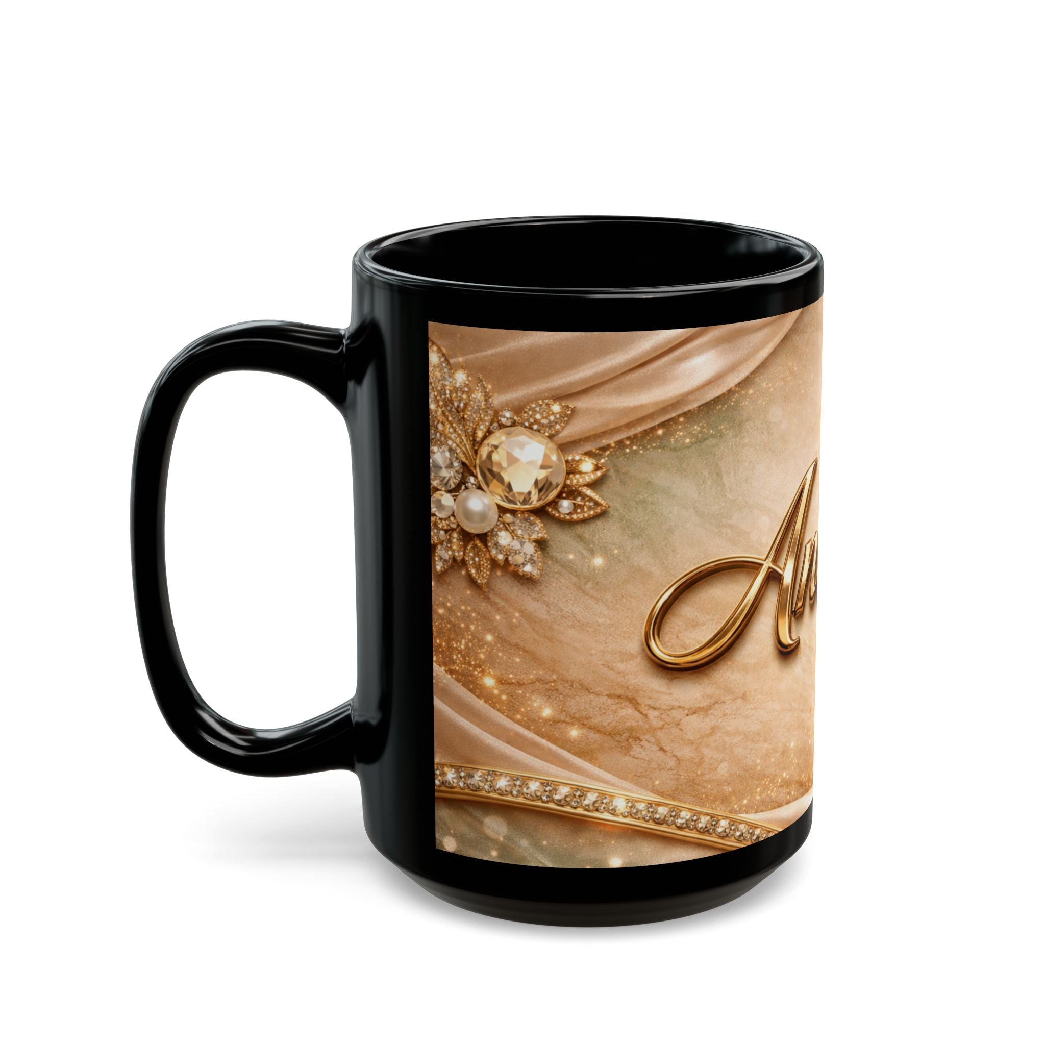 Personalized Gold Name Mug — Elegant Andrea Black Ceramic Coffee Cup (11oz & 15oz)