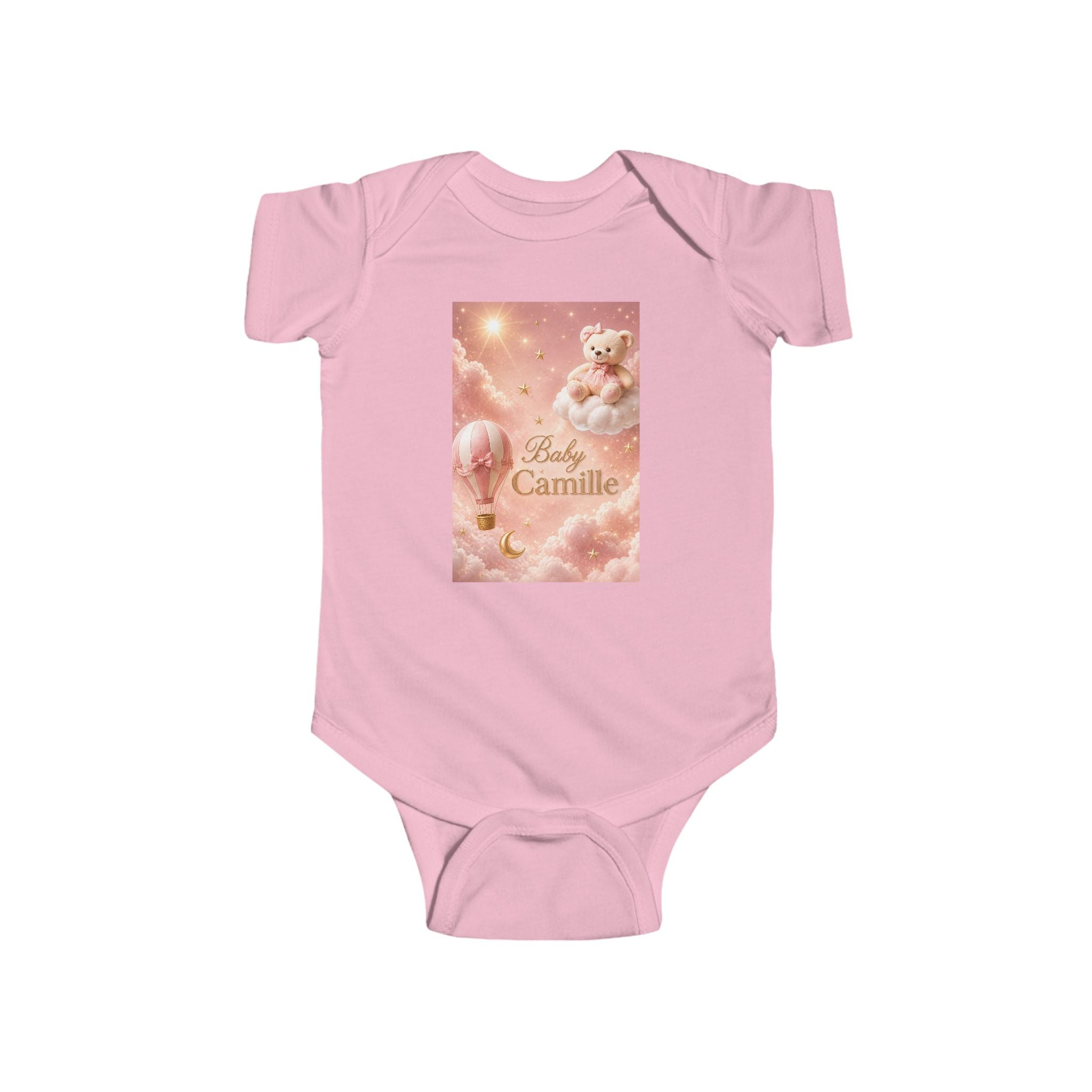 Infant Bodysuit — "Baby Camille" Pink Hot Air Balloon Teddy Newborn Onesie