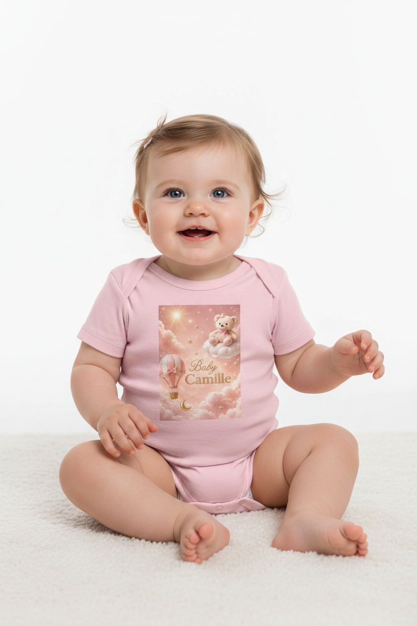 Infant Bodysuit — "Baby Camille" Pink Hot Air Balloon Teddy Newborn Onesie