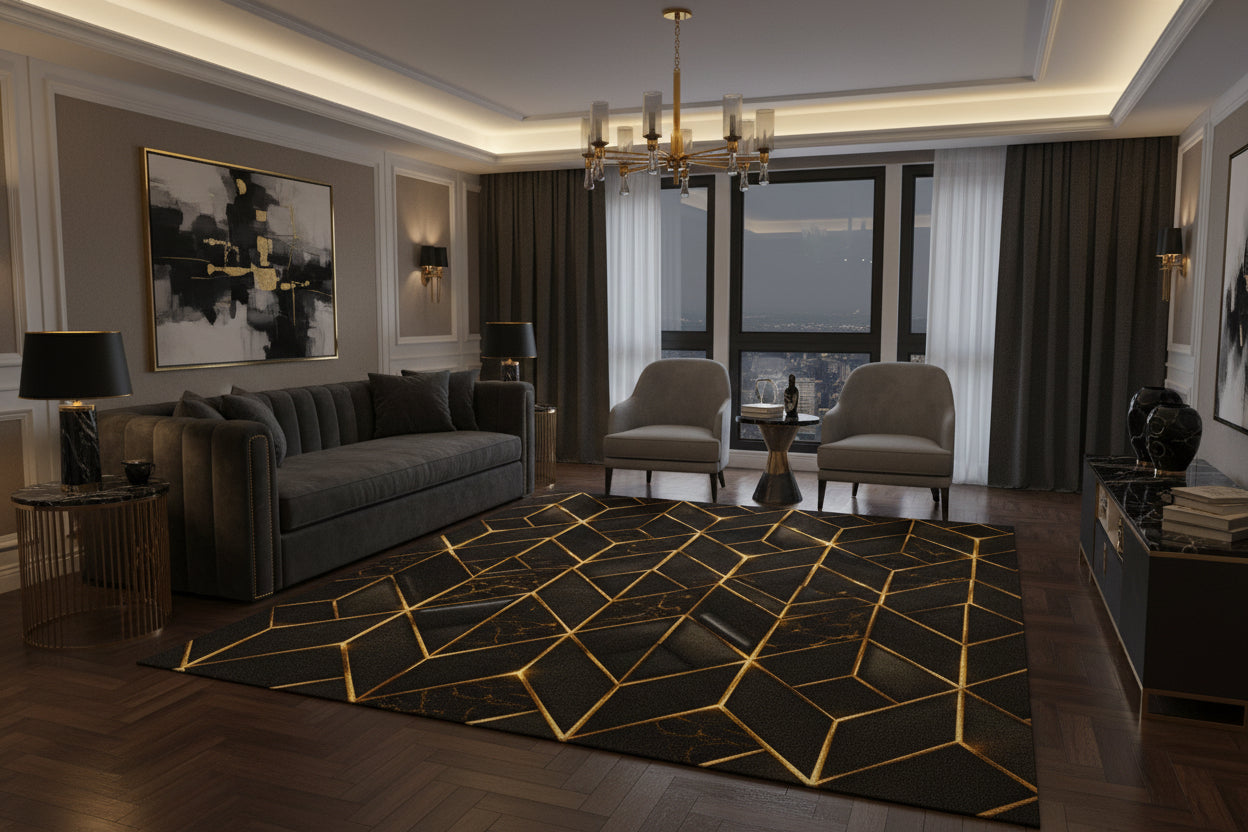 Glam Chevron Rug — Black with Gold Sparkle Geometric Floor Mat