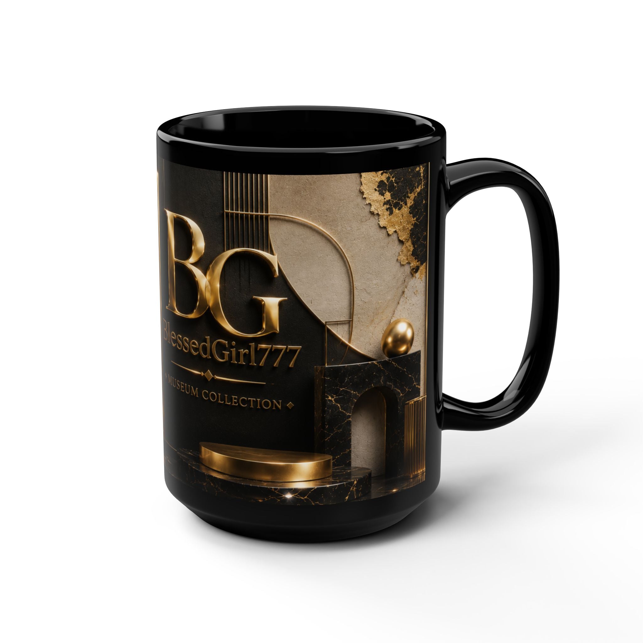 Black 15oz Mug — 'BlessedGirl77' Gold Museum Logo Coffee Cup