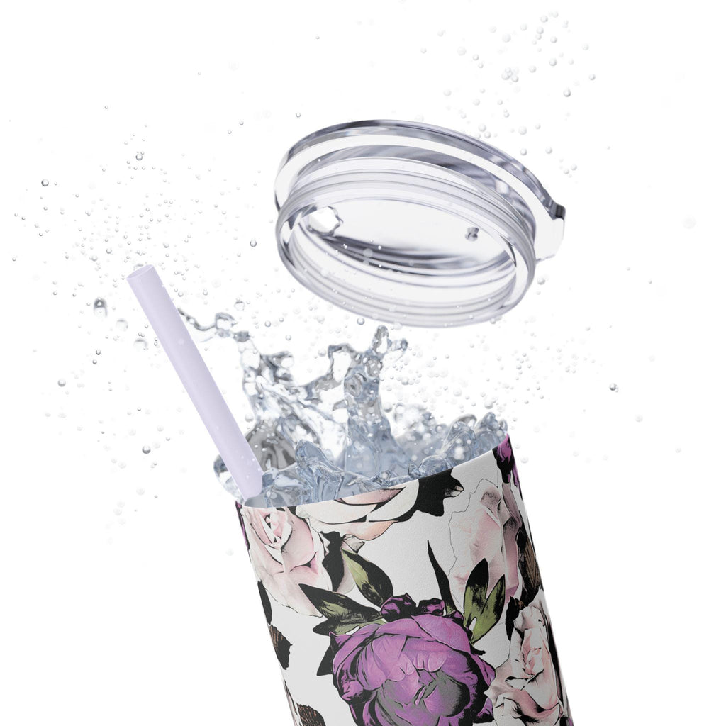 Vaso Térmico Skinny 20oz Floral - Tumbler de Acero Inoxidable con Pitillo, Regalo Botánico para Mujer, Vaso Estético para Café Helado