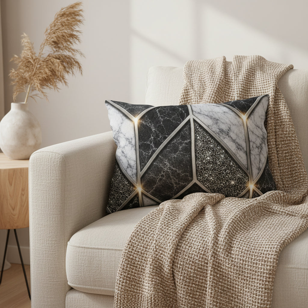 Geometric Marble Outdoor Pillow — Gray Stone Mosaic Accent Cushion