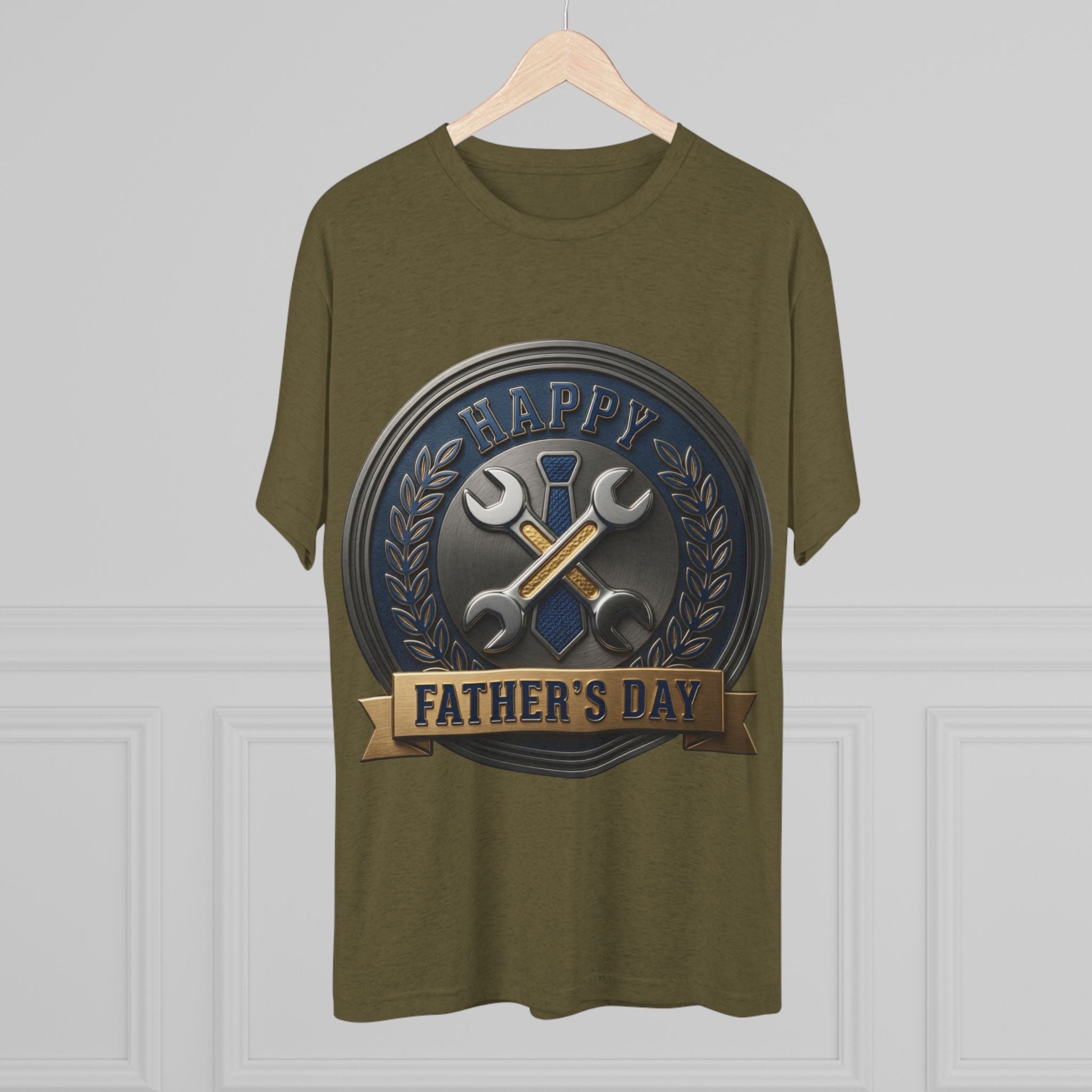 Father's Day Mechanics Badge Tee — Happy Father's Day Wrench & Hammer Crew Shirt