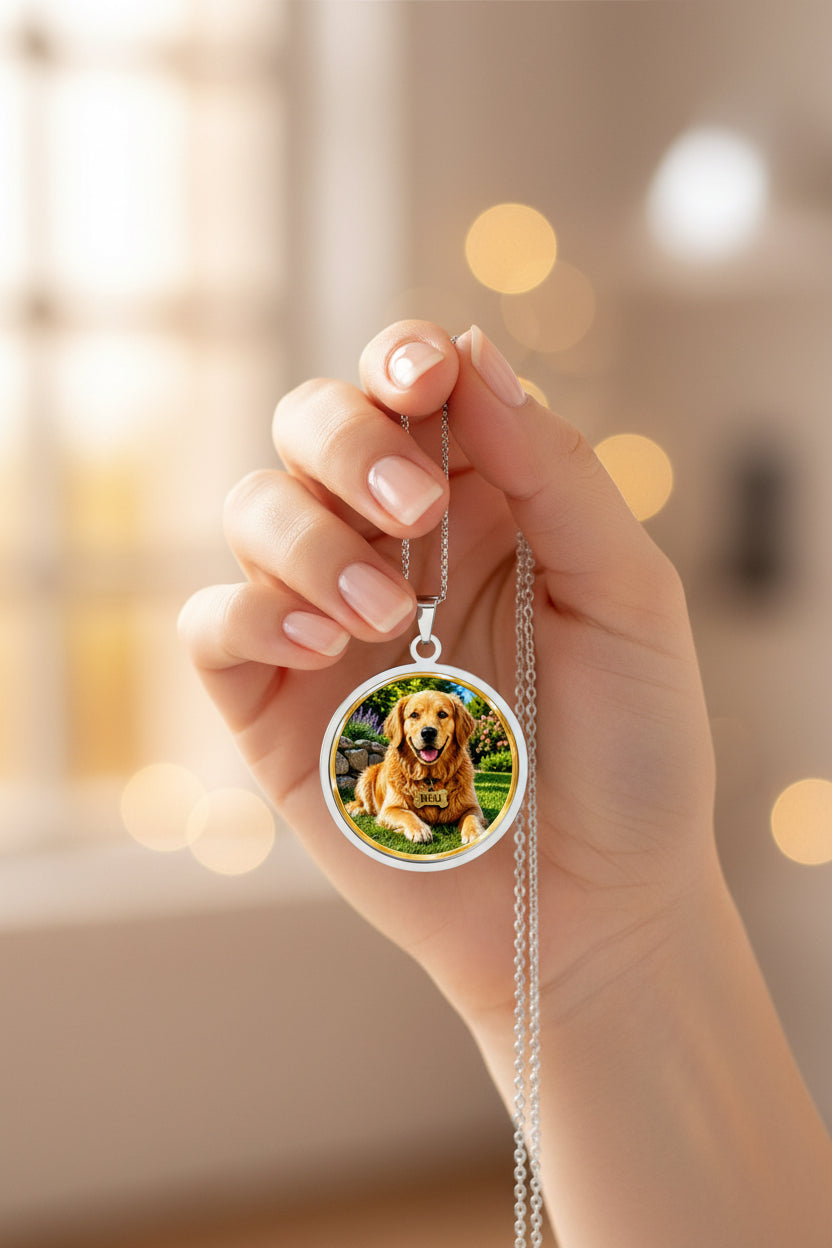 Golden Retriever Photo Pendant Round Border | Personalized Photo Necklace