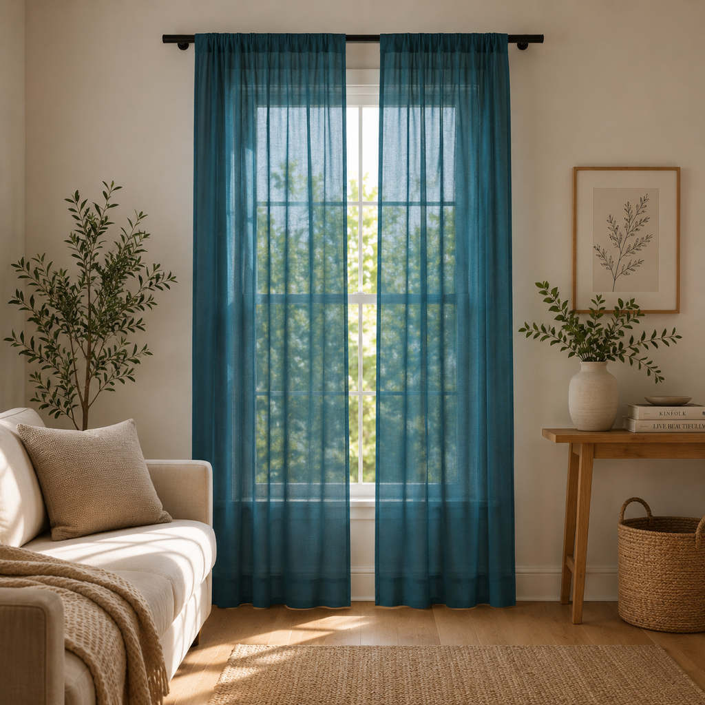 Sheer Window Curtain — Teal Semi-Transparent Panel for Living Room, Bedroom & Patio Doors