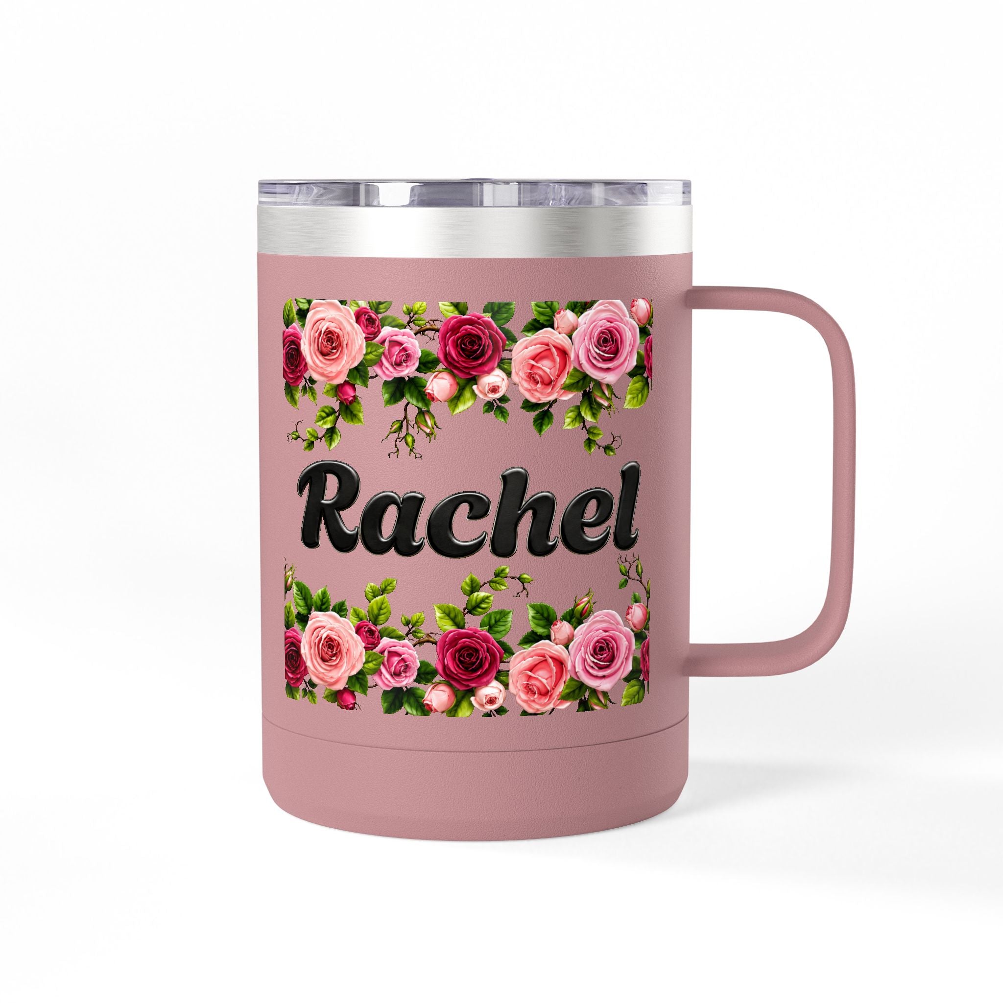 Personalized Rachel Floral 15oz Travel Mug — Insulated Coffee Tumbler