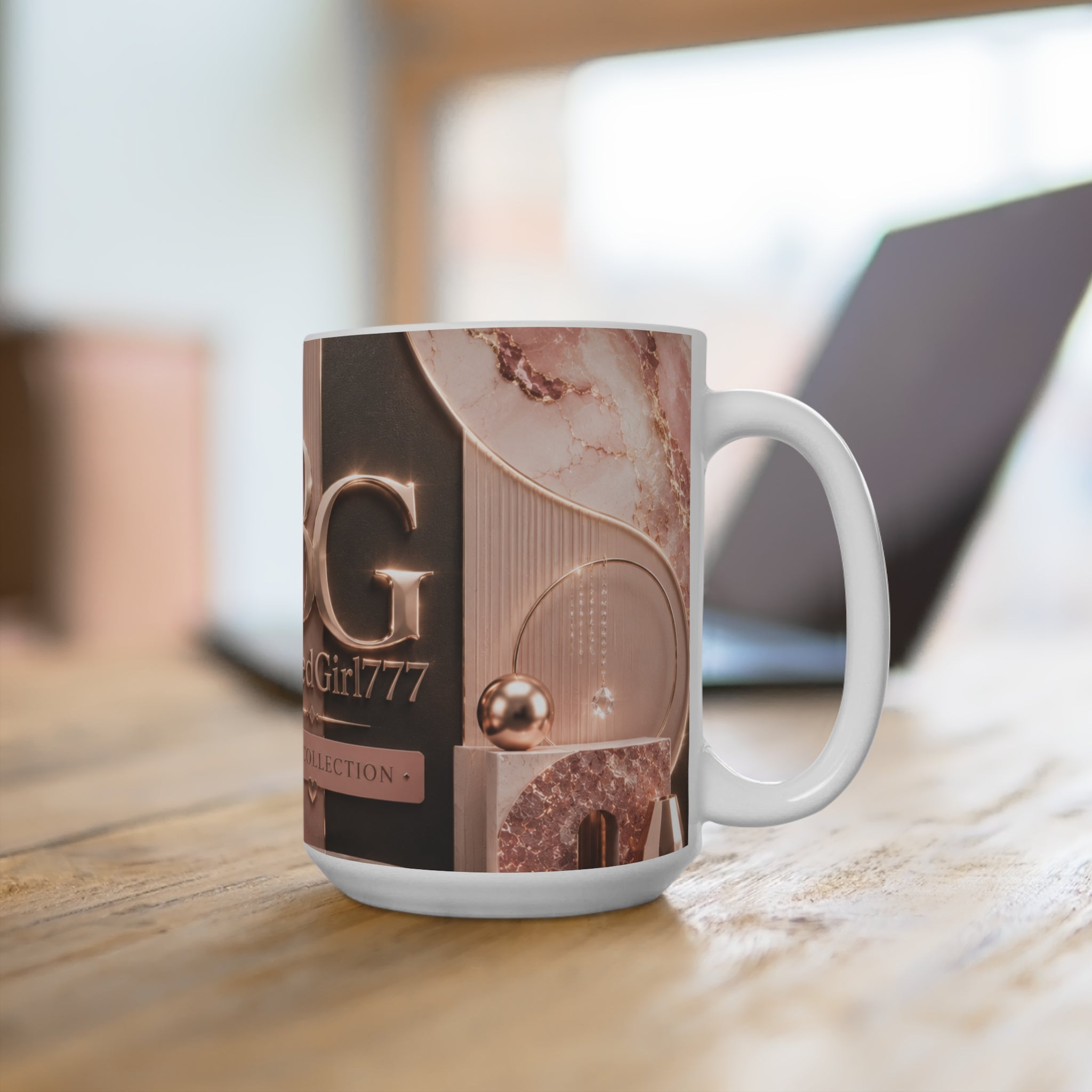 BlessedGirl777 Glam Collection 15oz Ceramic Mug — Rose Gold Logo Coffee Cup