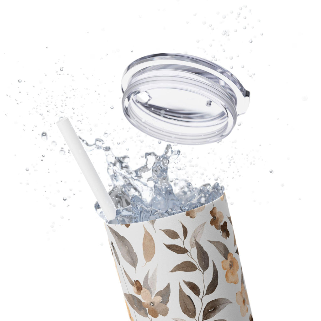 Vaso Térmico Skinny 20oz Floral - Tumbler de Acero Inoxidable con Pitillo, Regalo Botánico para Mujer, Vaso Estético para Café Helado