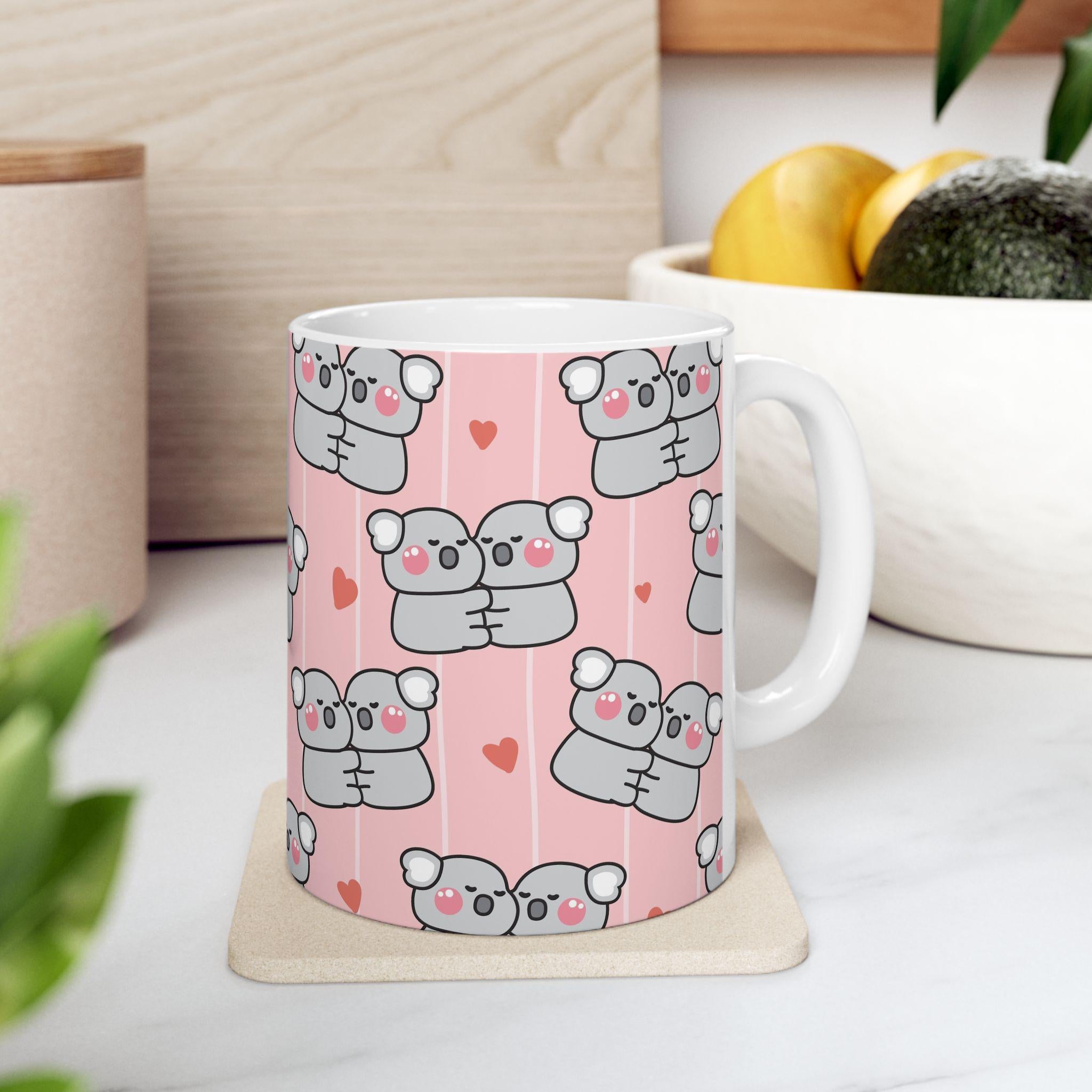 Cute Koala Love Ceramic Mug | Adorable Koalas with Hearts Pink Background, Koala Lover Gift, Valentine's Coffee Cup, Cute Animal Mug for Her