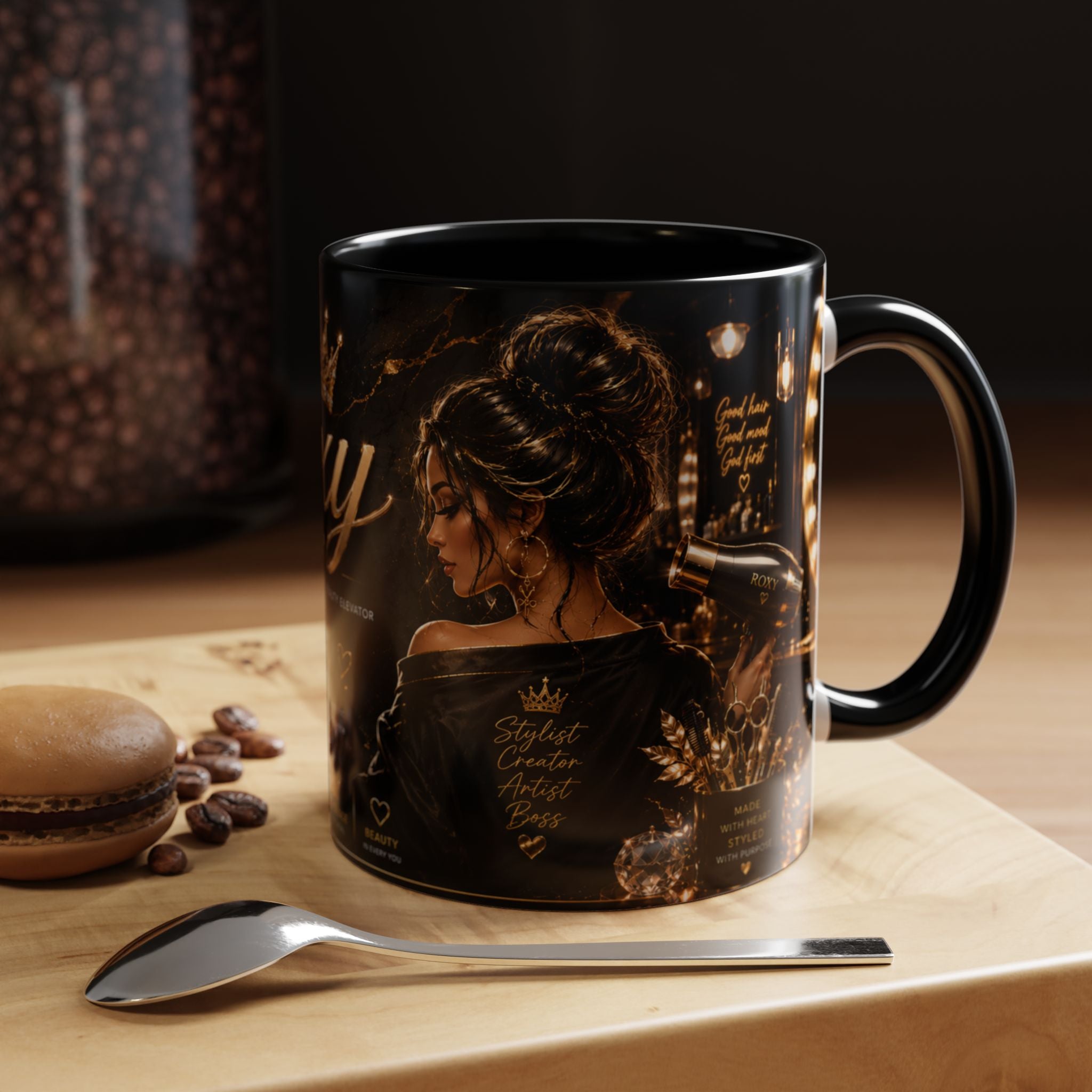 Personalized 'Roxy' Crown Coffee Mug — Elegant Black Gold Portrait Accent Mug (11/15oz)