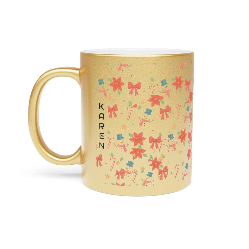 Holiday Snowman & Poinsettia Metallic Mug Gold Silver | Vintage Christmas Mug Personalized, Festive Bow Pattern Gift, Cozy Winter Coffee Cup