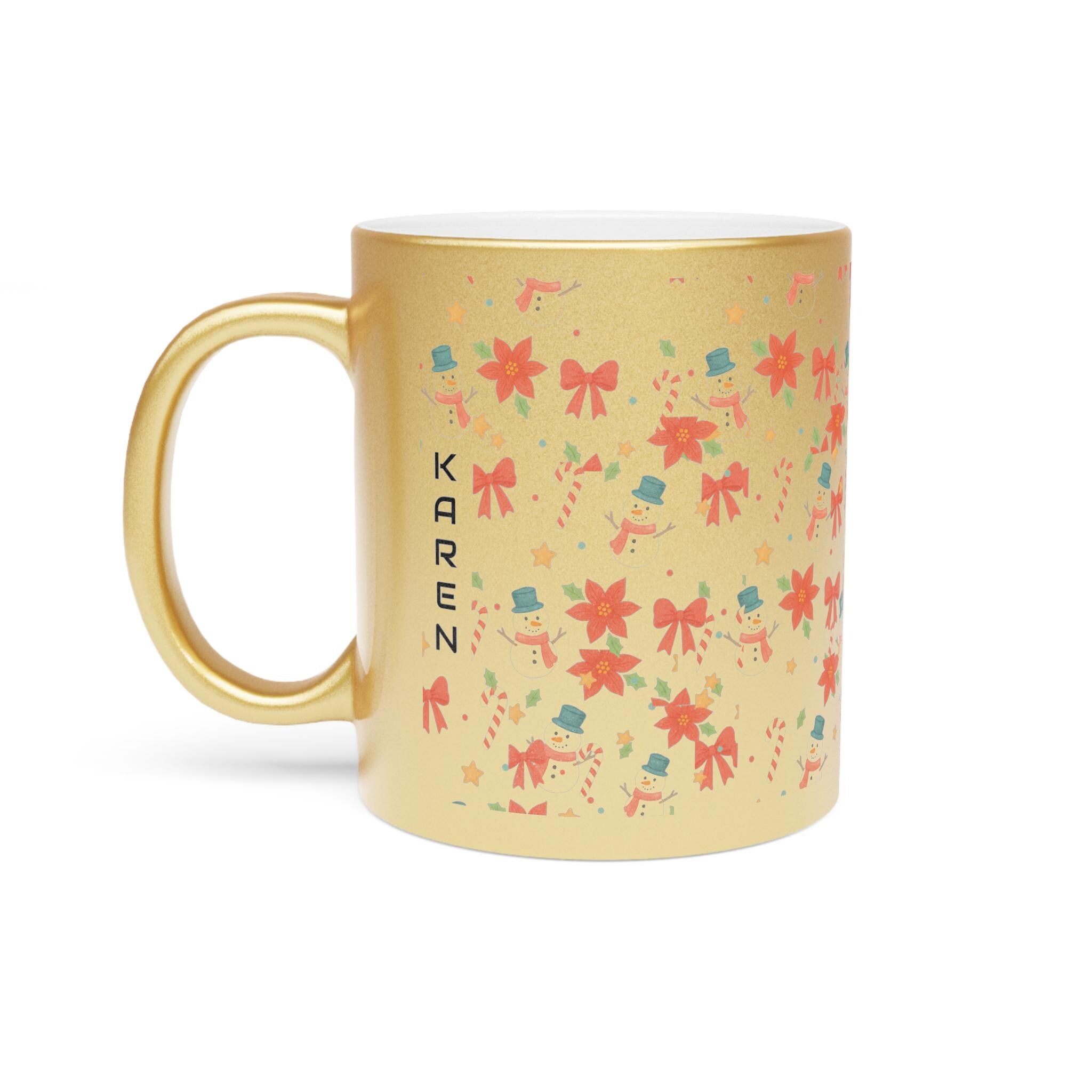 Holiday Snowman & Poinsettia Metallic Mug Gold Silver | Vintage Christmas Mug Personalized, Festive Bow Pattern Gift, Cozy Winter Coffee Cup