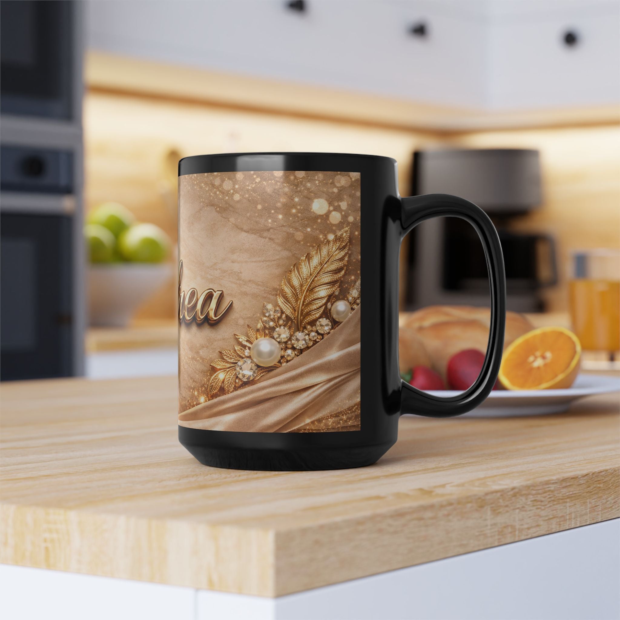 Personalized Gold Name Mug — Elegant Andrea Black Ceramic Coffee Cup (11oz & 15oz)