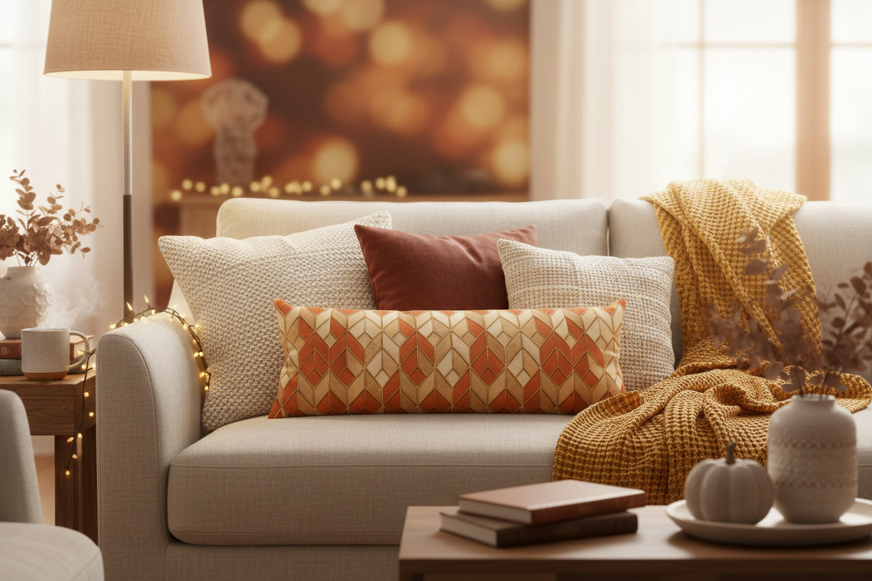 Autumn Herringbone Body Pillow — Rustic Orange Geometric Lumbar
