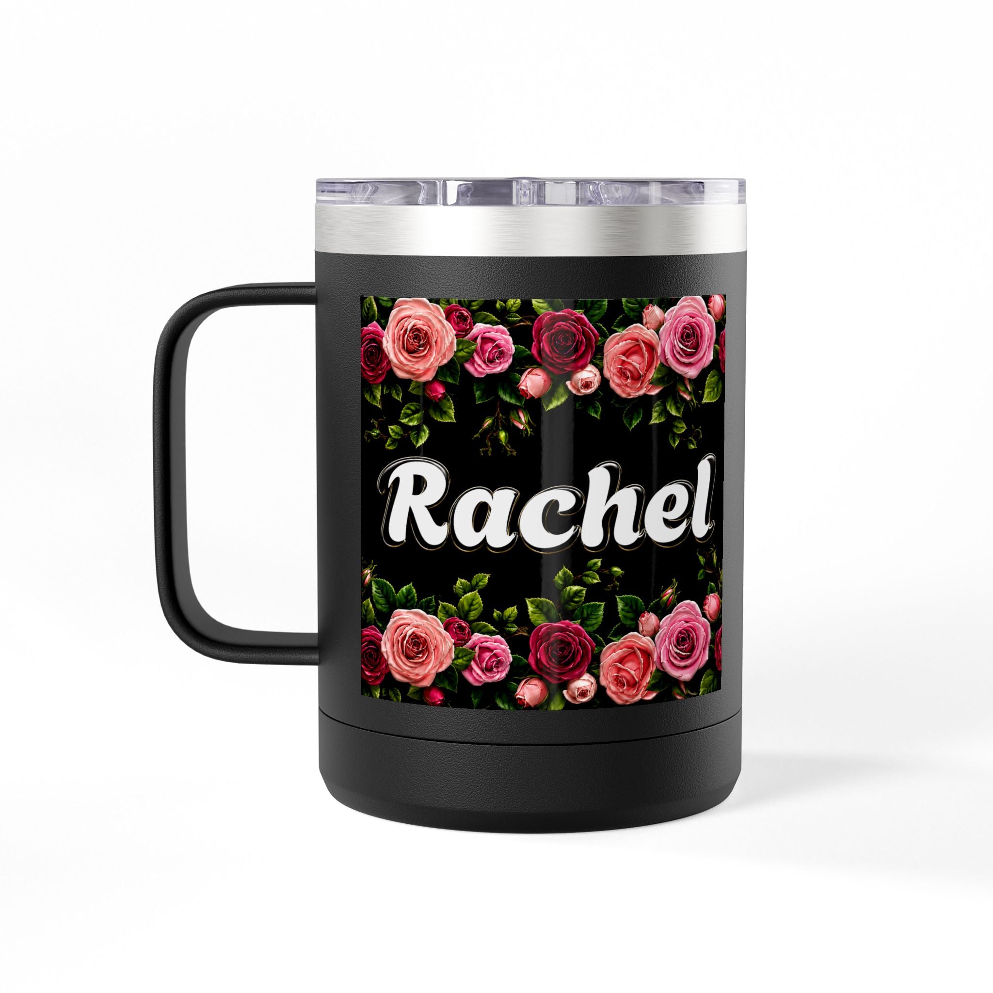 Personalized Rachel Floral 15oz Travel Mug — Insulated Coffee Tumbler