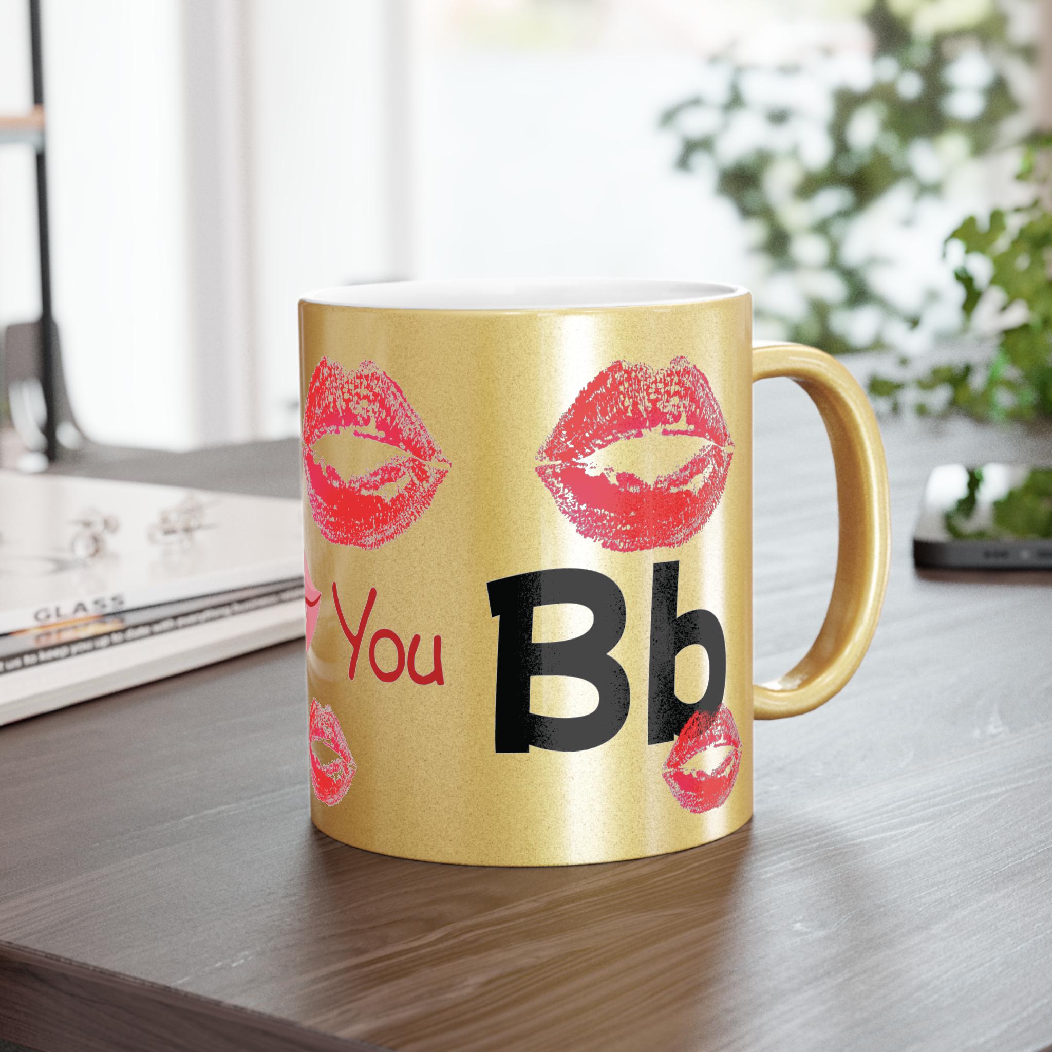 Taza Metálica Chic con Estampado de Beso - Regalo Glam para Mujer, Metallic Mug Kiss Print, Taza Estética de Maquillaje