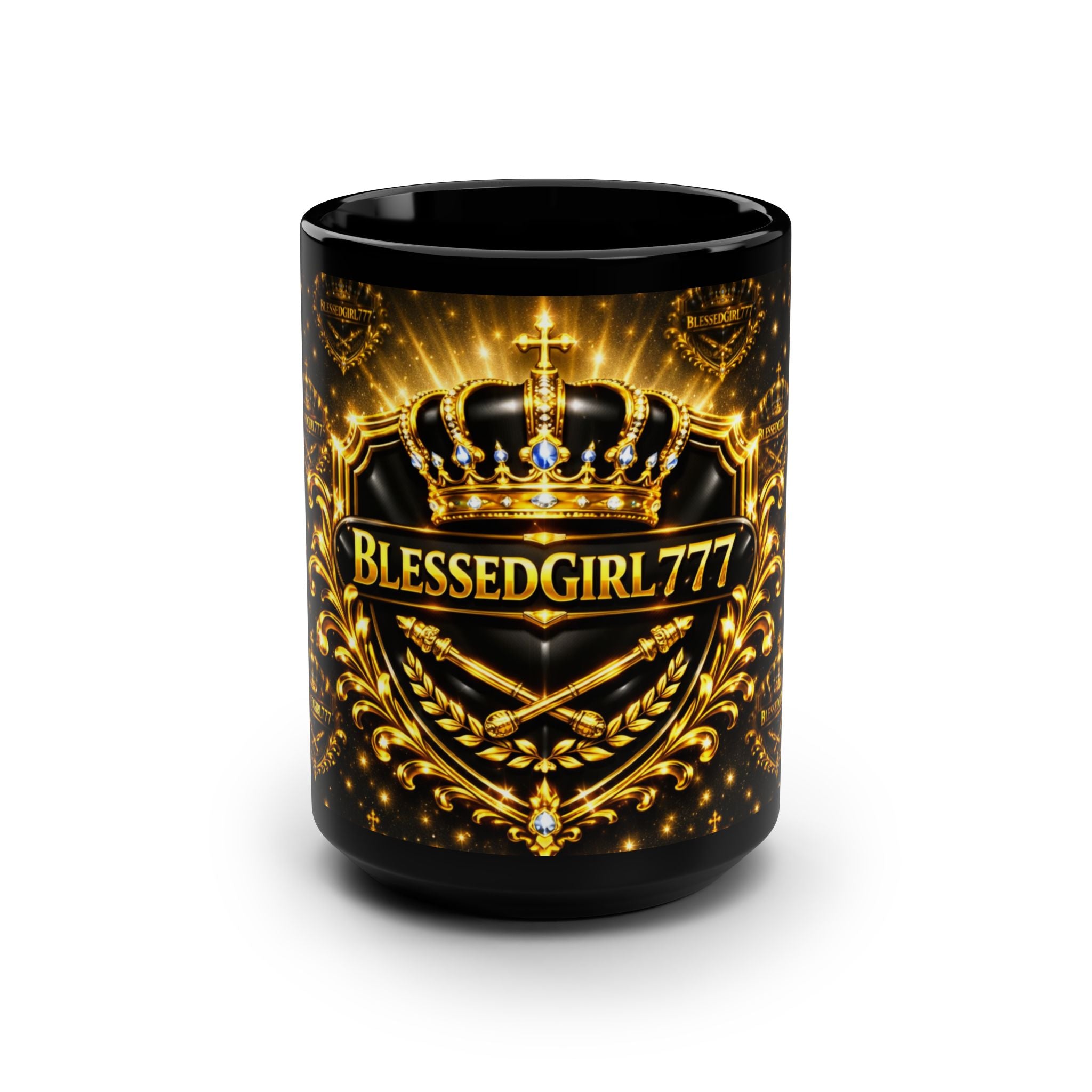 BlessedGirl777 Gold Crown Black Mug — 15oz Inspirational Coffee Cup