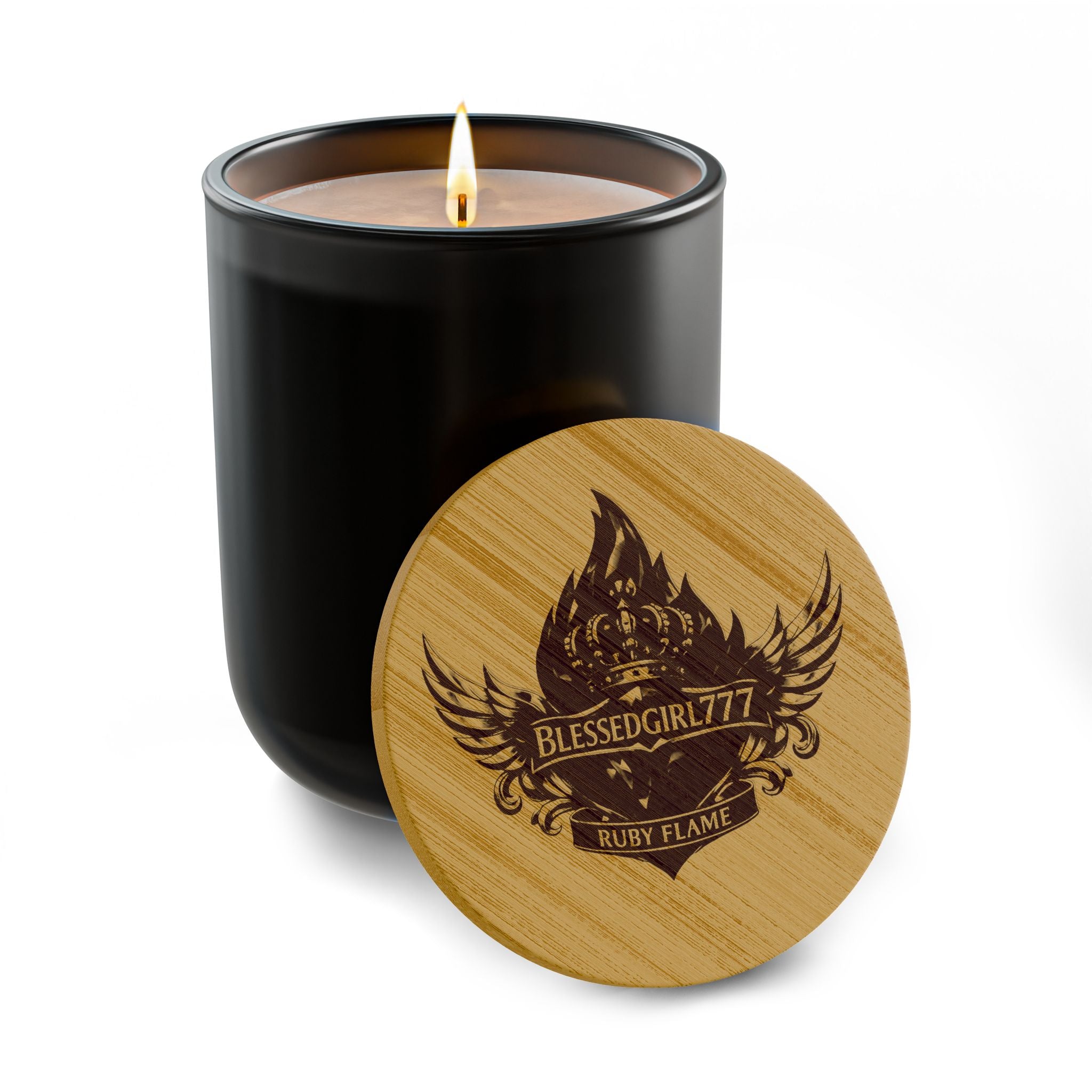 Engraved Soy Candle — 14oz Scented Candle with Custom Bamboo Lid (Rustic Crest Design)