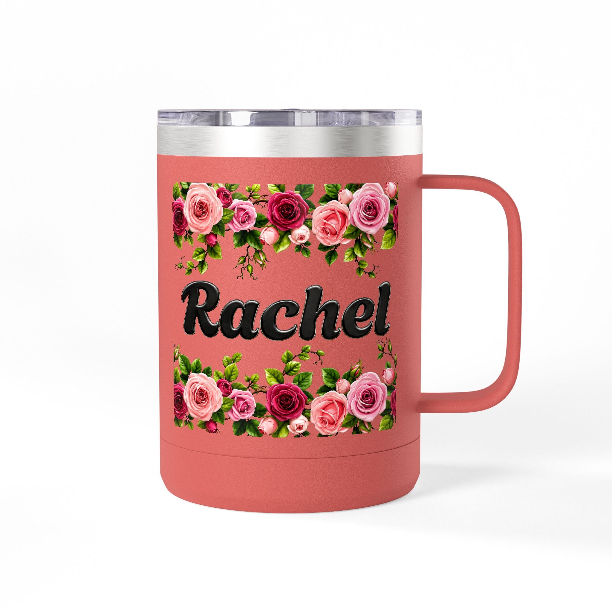 Personalized Rachel Floral 15oz Travel Mug — Insulated Coffee Tumbler