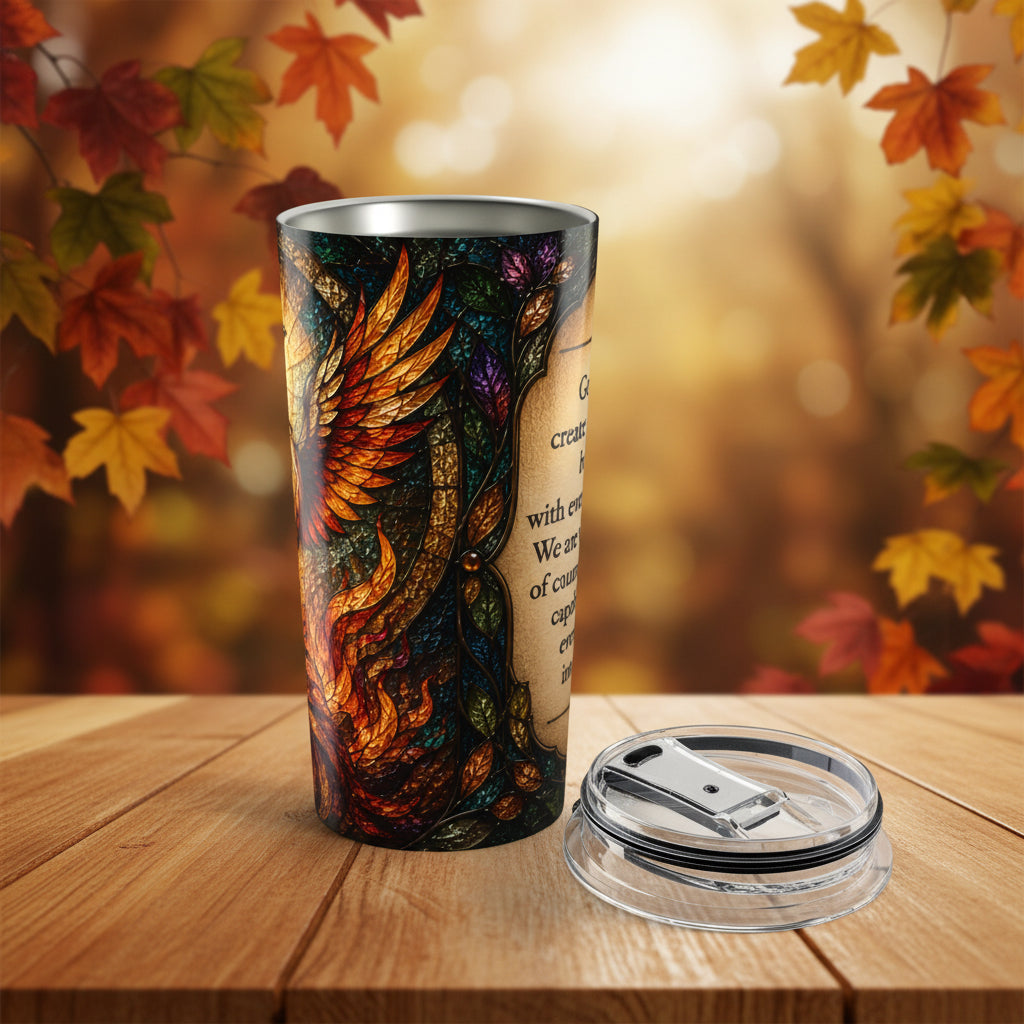 Rising Phoenix Faith Tumbler — 20oz Stained Glass Scripture for Overcomers 🔥