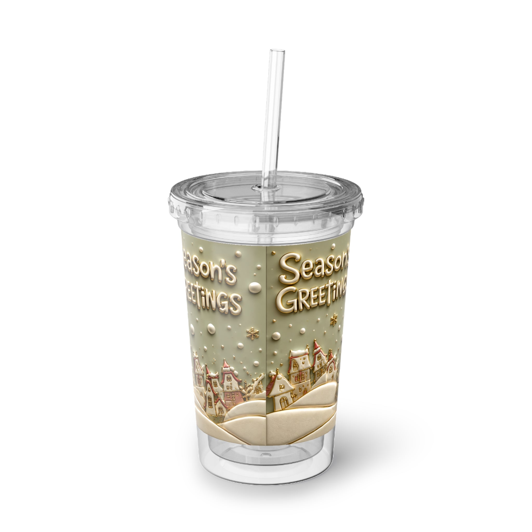 Seasons Greetings Snowman Acrylic Cup | Holiday Winter Scene