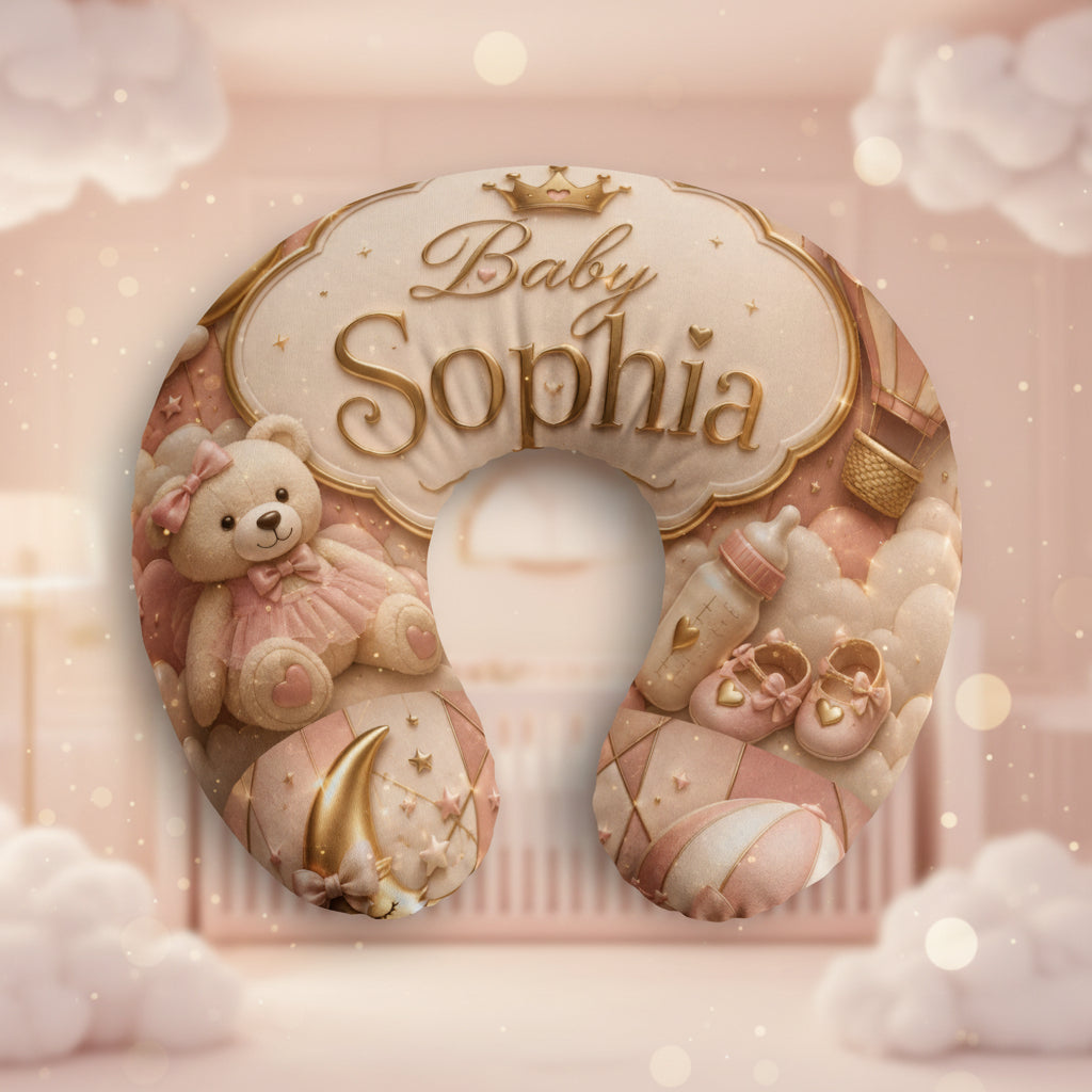 Nursing Pillow Cover - Personalized 'Baby Sophia' Pink Teddy & Crown Newborn Decor