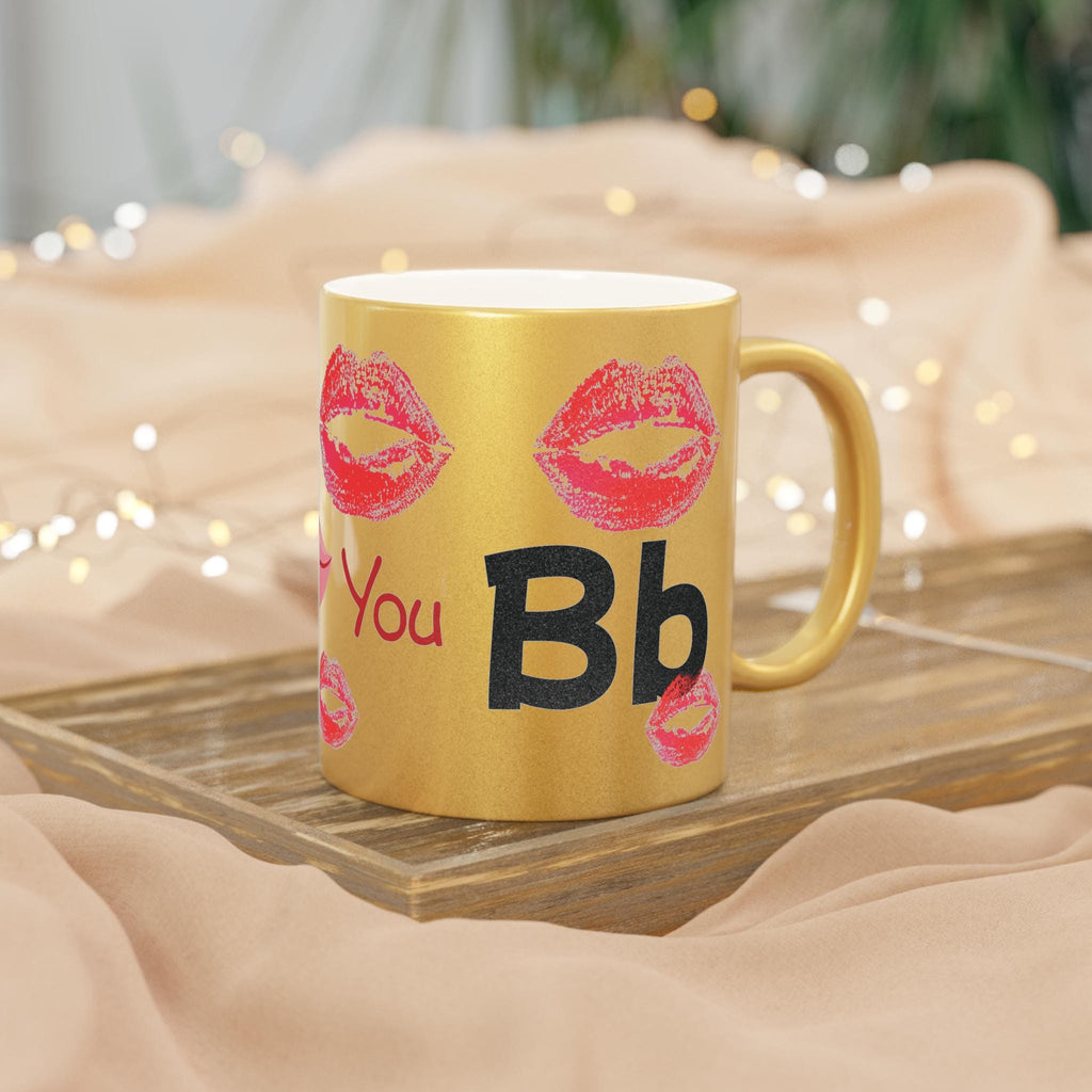 Taza Metálica Chic con Estampado de Beso - Regalo Glam para Mujer, Metallic Mug Kiss Print, Taza Estética de Maquillaje